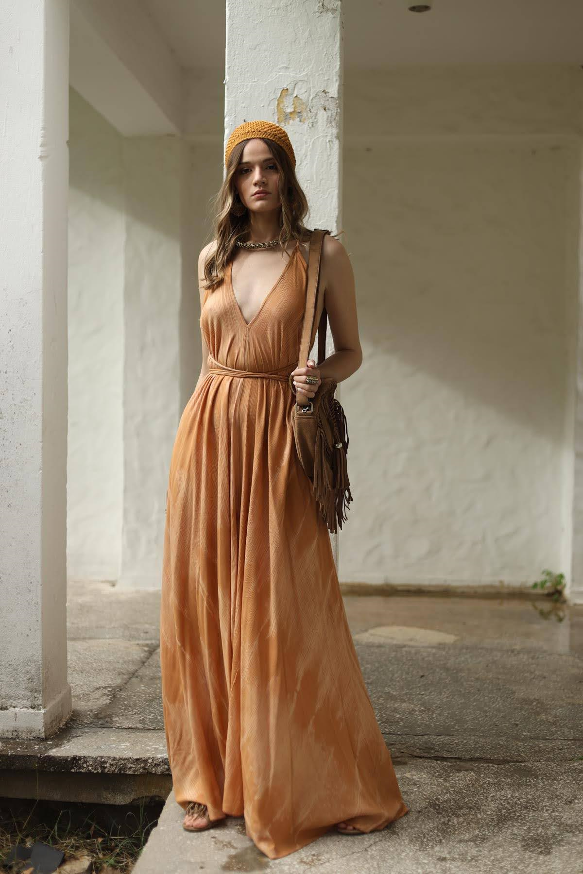 Somon Rengi Desenli Sırt Dekolteli Bağlamalı Elbise