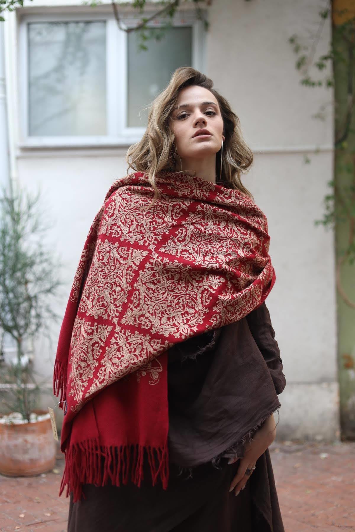 Bordo Nakışlı Kaşmir Şal