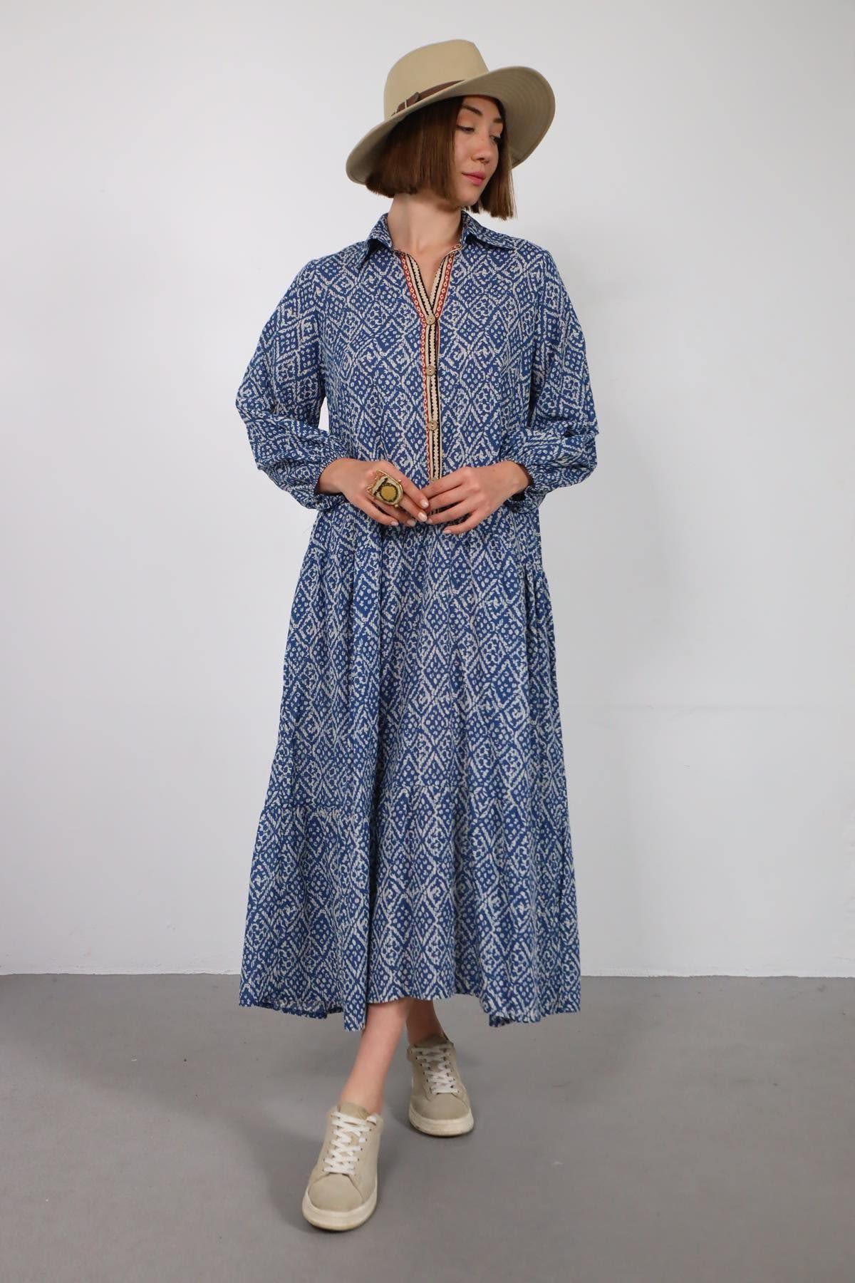 Lacivert Desenli Yarım Düğmeli Kolları Lastikli Elbise - Şaman Butik Lacivert Desenli Yarım Düğmeli Kolları Lastikli Elbise