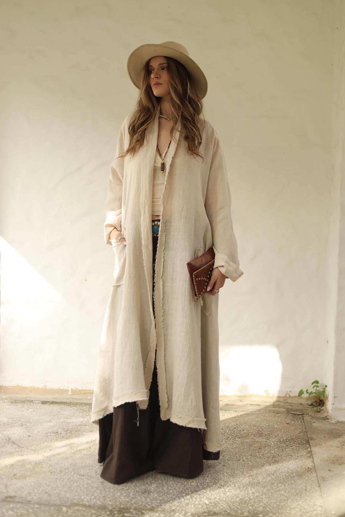 Krem Rengi Püskül Detaylı Cepli Keten Kaftan