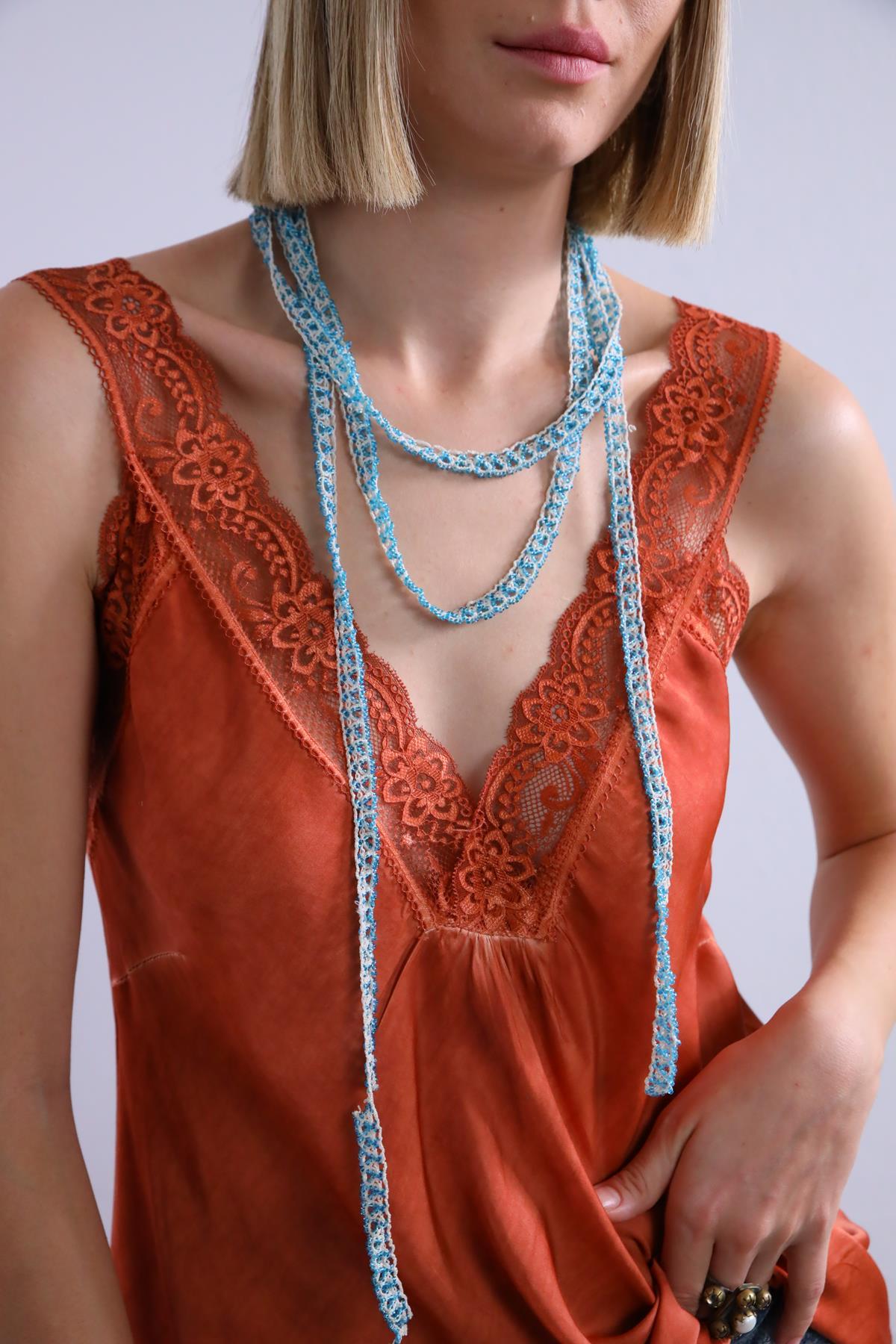 El Örgüsü Mavi Cam Tasarım Uzun Kolye - Şaman Butik El Örgüsü Mavi Cam Tasarım Uzun Kolye