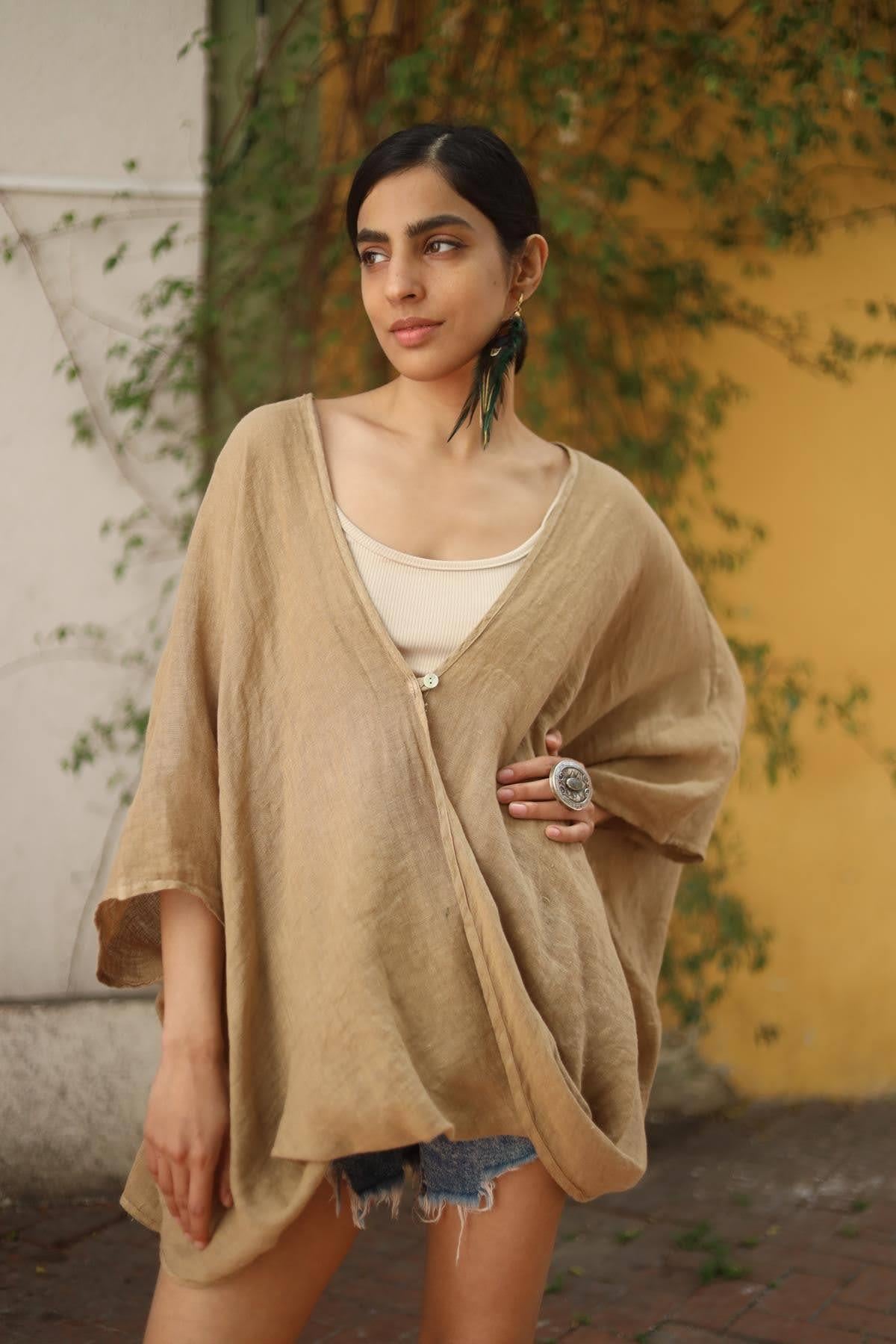 Camel Rengi Tek Düğme Keten Judith Bluz