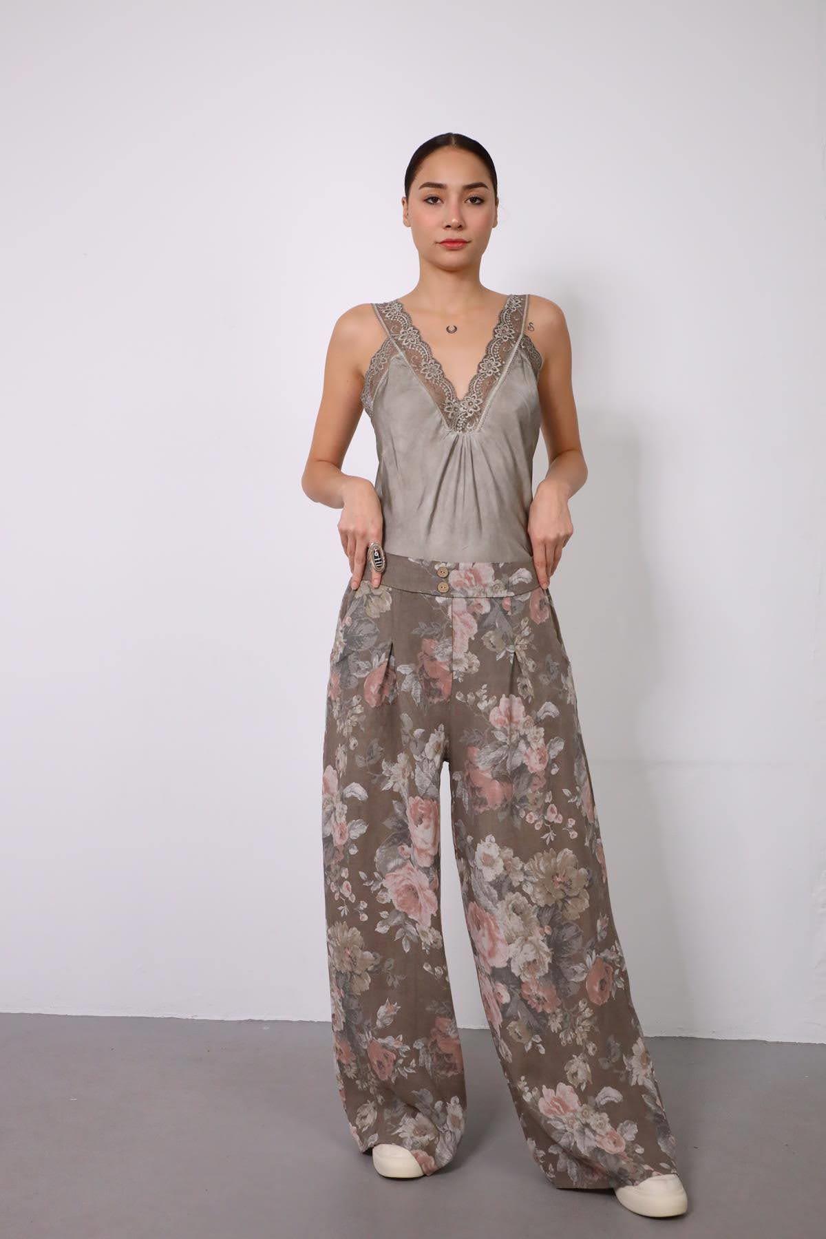 Vizon Rengi Çiçek Desenli Beli Lastikli Keten Pantolon - Şaman Butik Vizon Rengi Çiçek Desenli Beli Lastikli Keten Pantolon