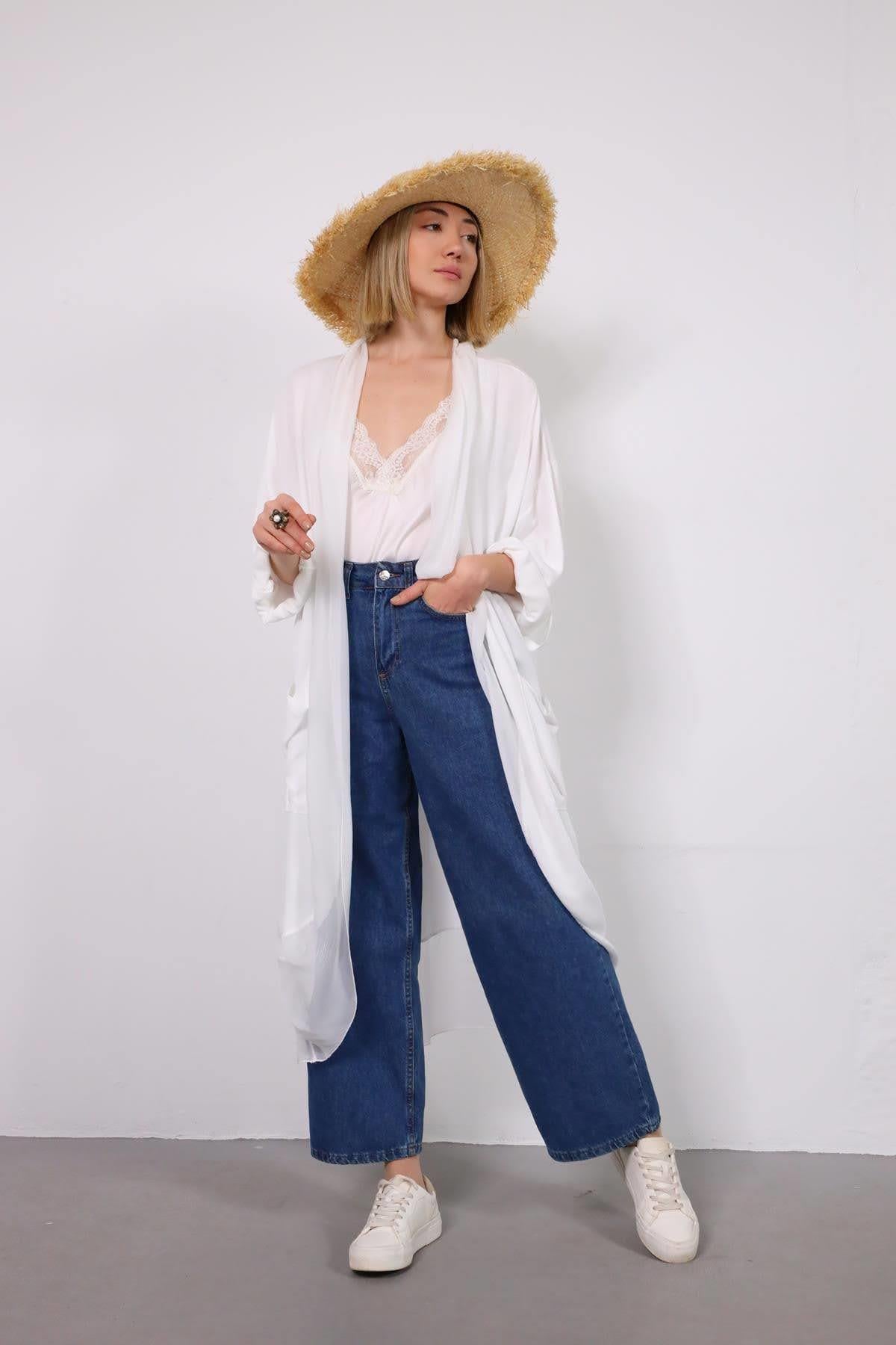 White Silk Detailed Caftan with Pocket - Saman Butik | Shop Online White Silk Detailed Caftan with Pocket