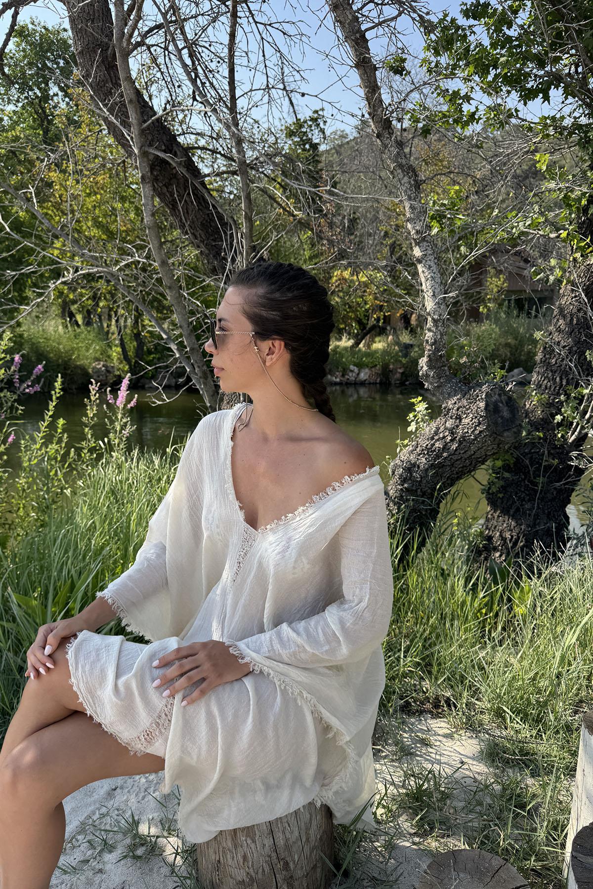 Ecru V Neck Ripped Detail Pareo