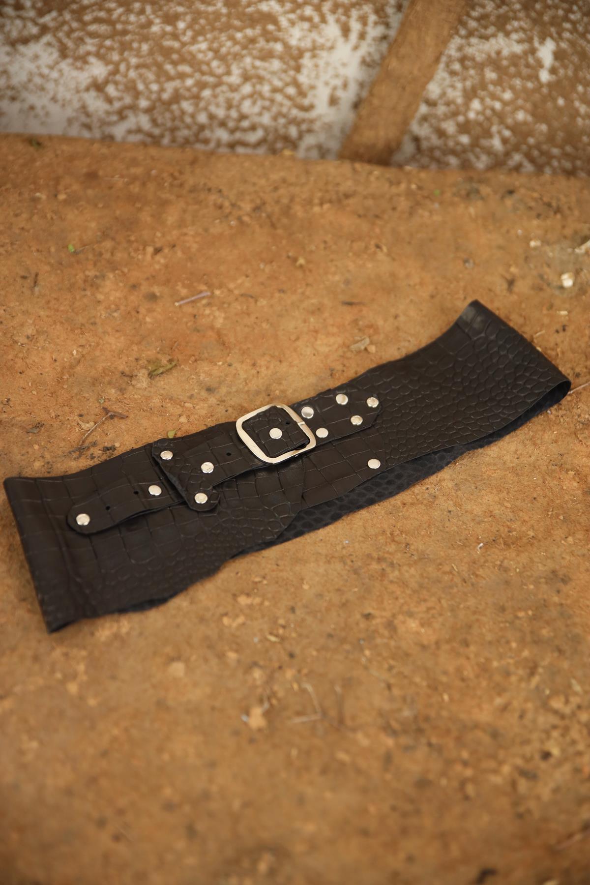 Black Stud Detail Patched Leather Belt