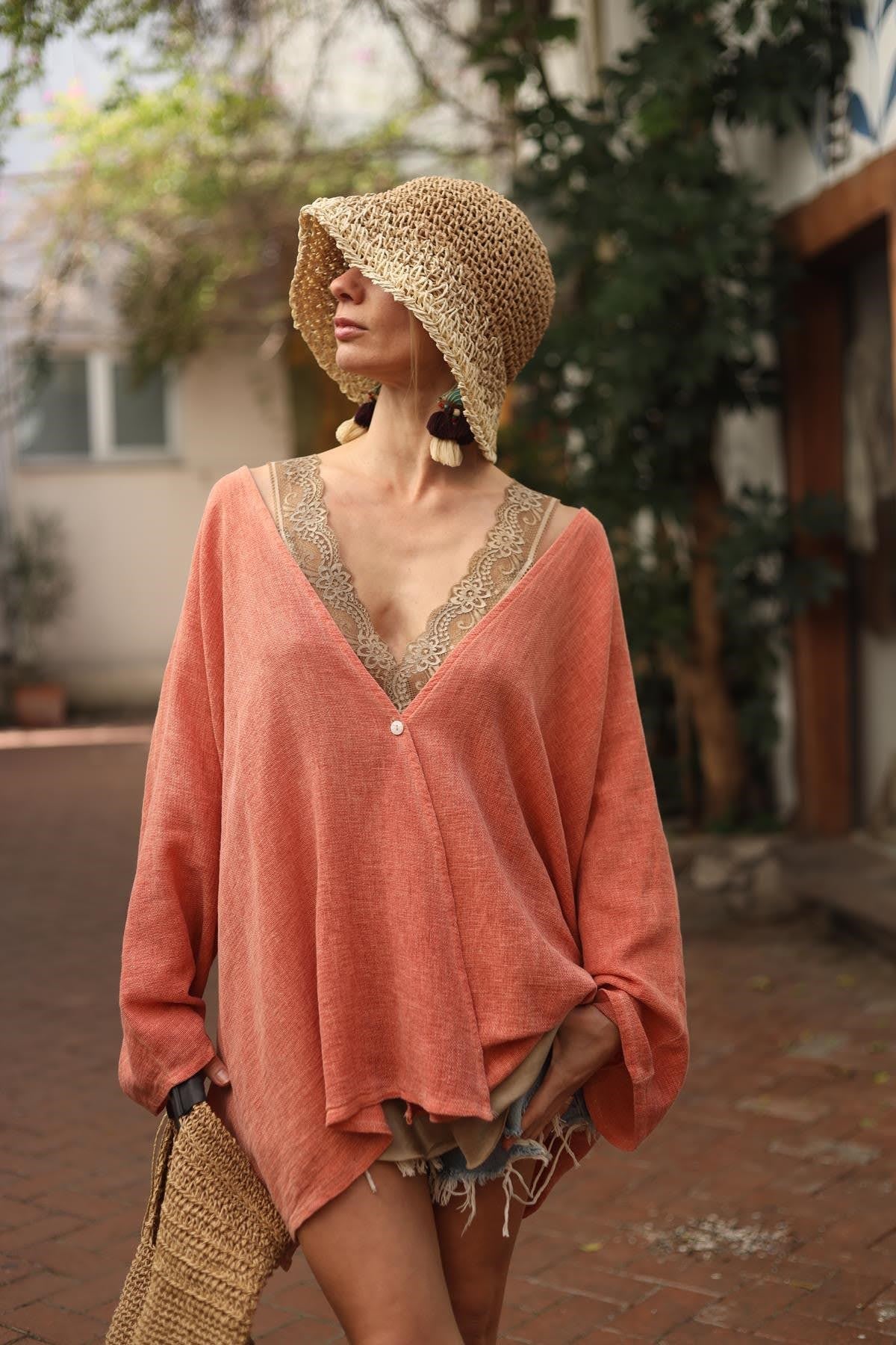 Somon Rengi Tek Düğme Keten Hırka