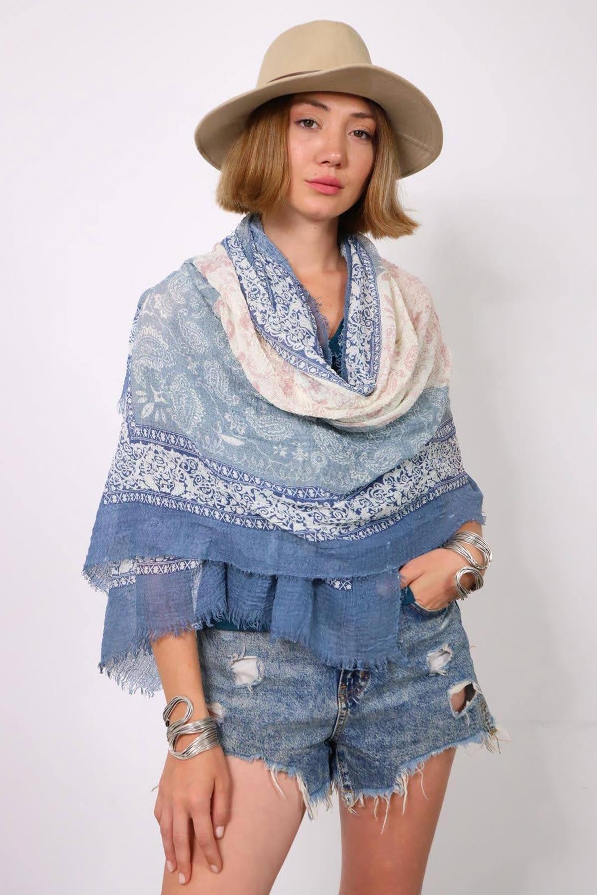 İndigo Mavi Desenli Saçaklı Şal - Şaman Butik İndigo Mavi Desenli Saçaklı Şal