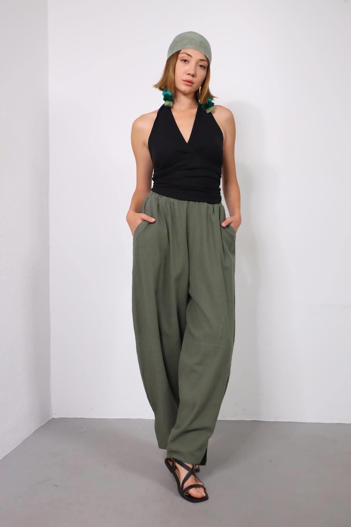 Haki Dikiş Detaylı Salaş Keten Pantolon - Şaman Butik Haki Dikiş Detaylı Salaş Keten Pantolon