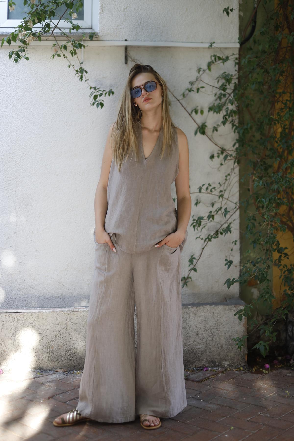 Vizon Rengi Cep Detaylı Keten Pantolon