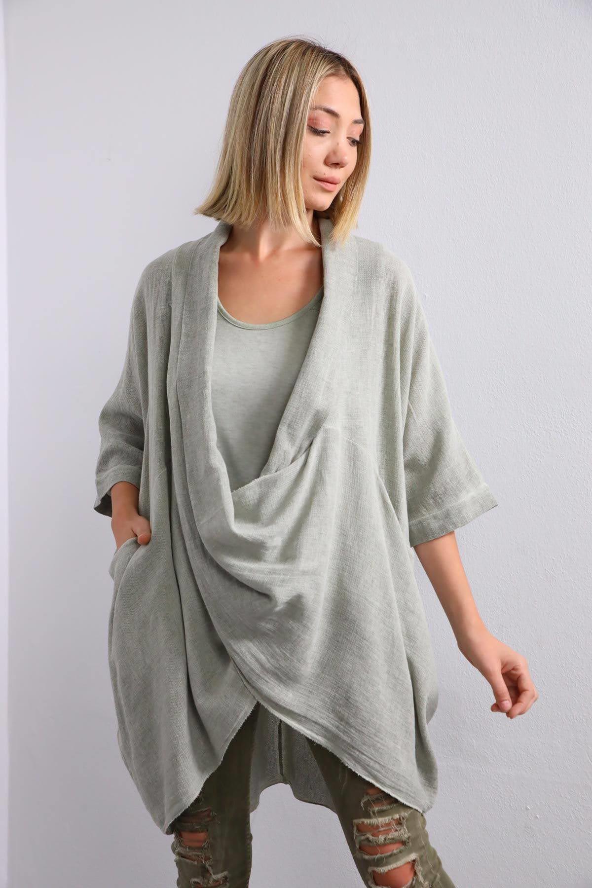 Haki Keten Şal Yaka Judith Tunik - Şaman Butik Haki Keten Şal Yaka Judith Tunik