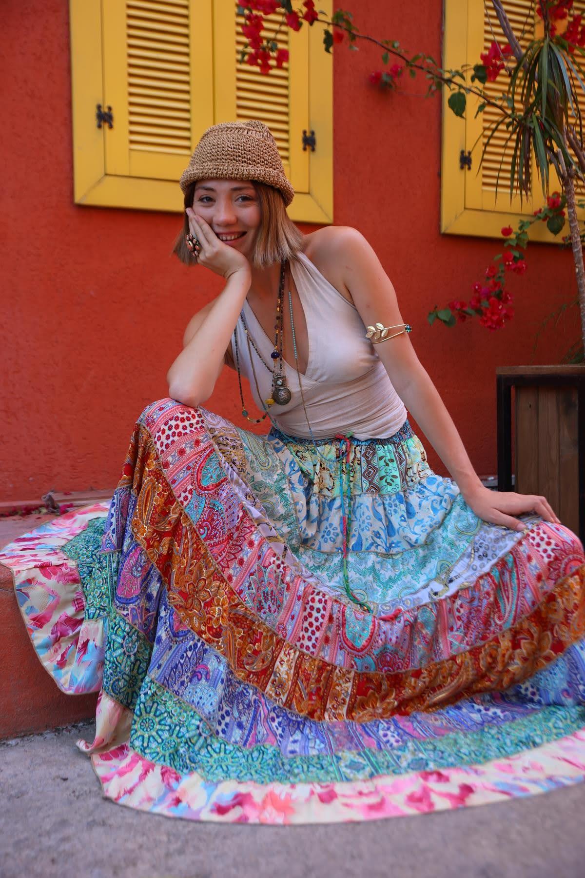 Renkli Patchwork Otantik İpek Etek - Şaman Butik Renkli Patchwork Otantik İpek Etek