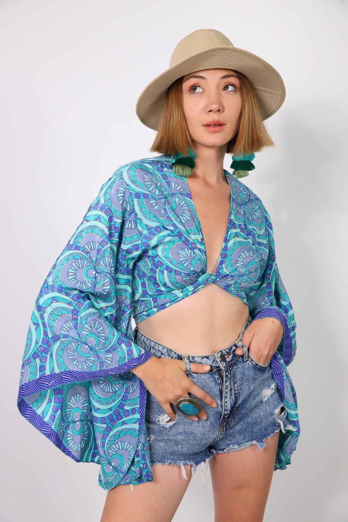 Mavi Yarasa Kol İpek Bolero - Şaman Butik Mavi Yarasa Kol İpek Bolero