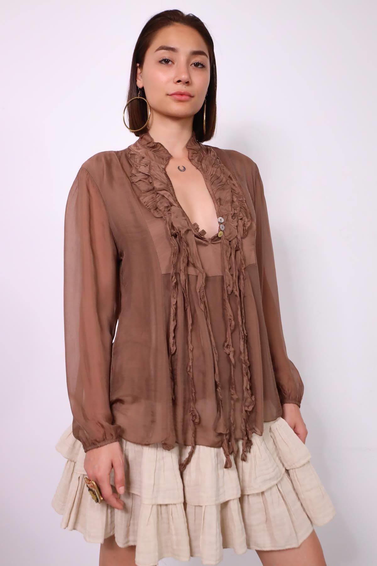  Kahverengi İpek Fırfırlı Bluz
