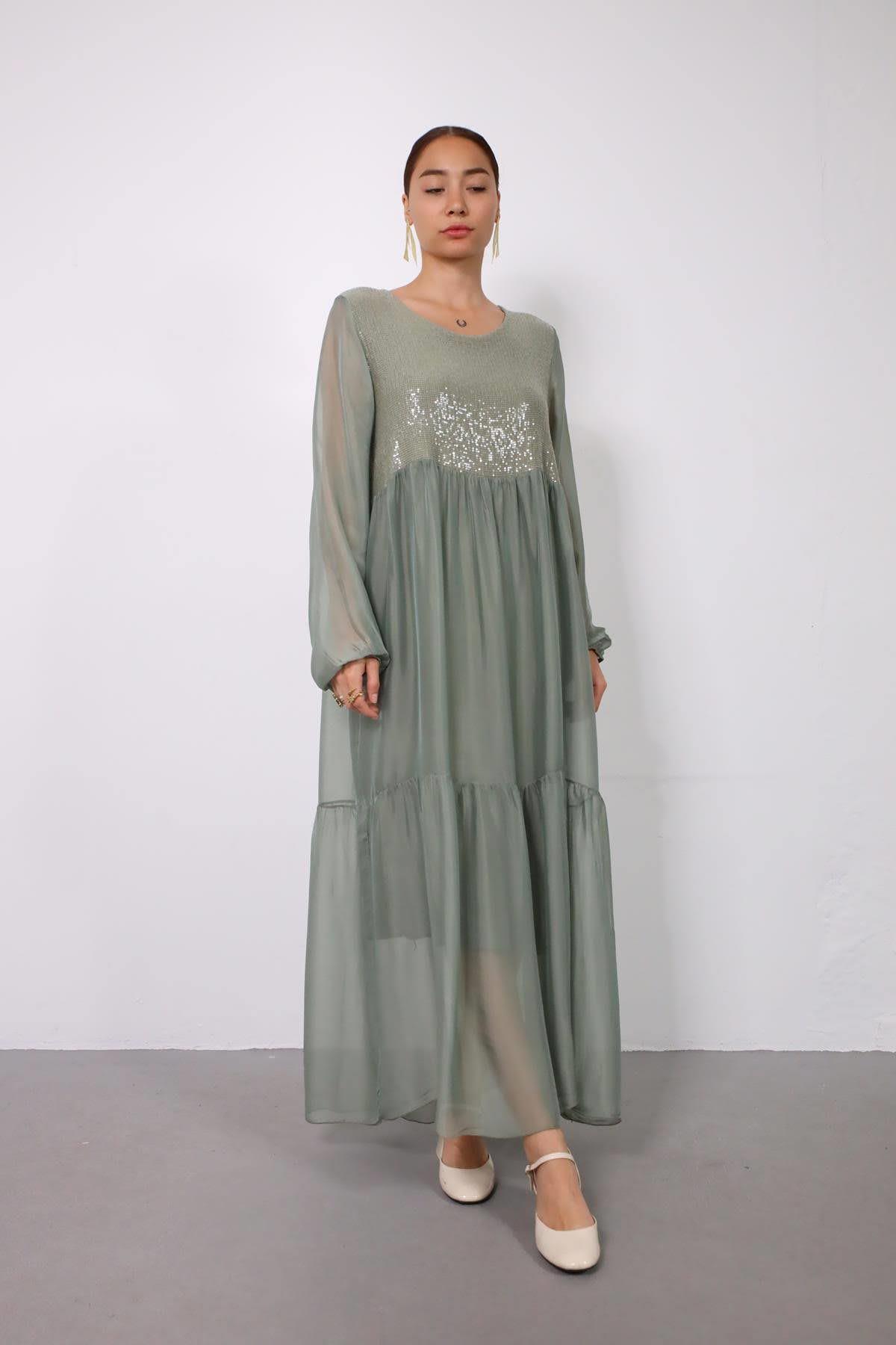 Haki Bisiklet Yaka Payet İşlemeli İpek Elbise - Şaman Butik Haki Bisiklet Yaka Payet İşlemeli İpek Elbise