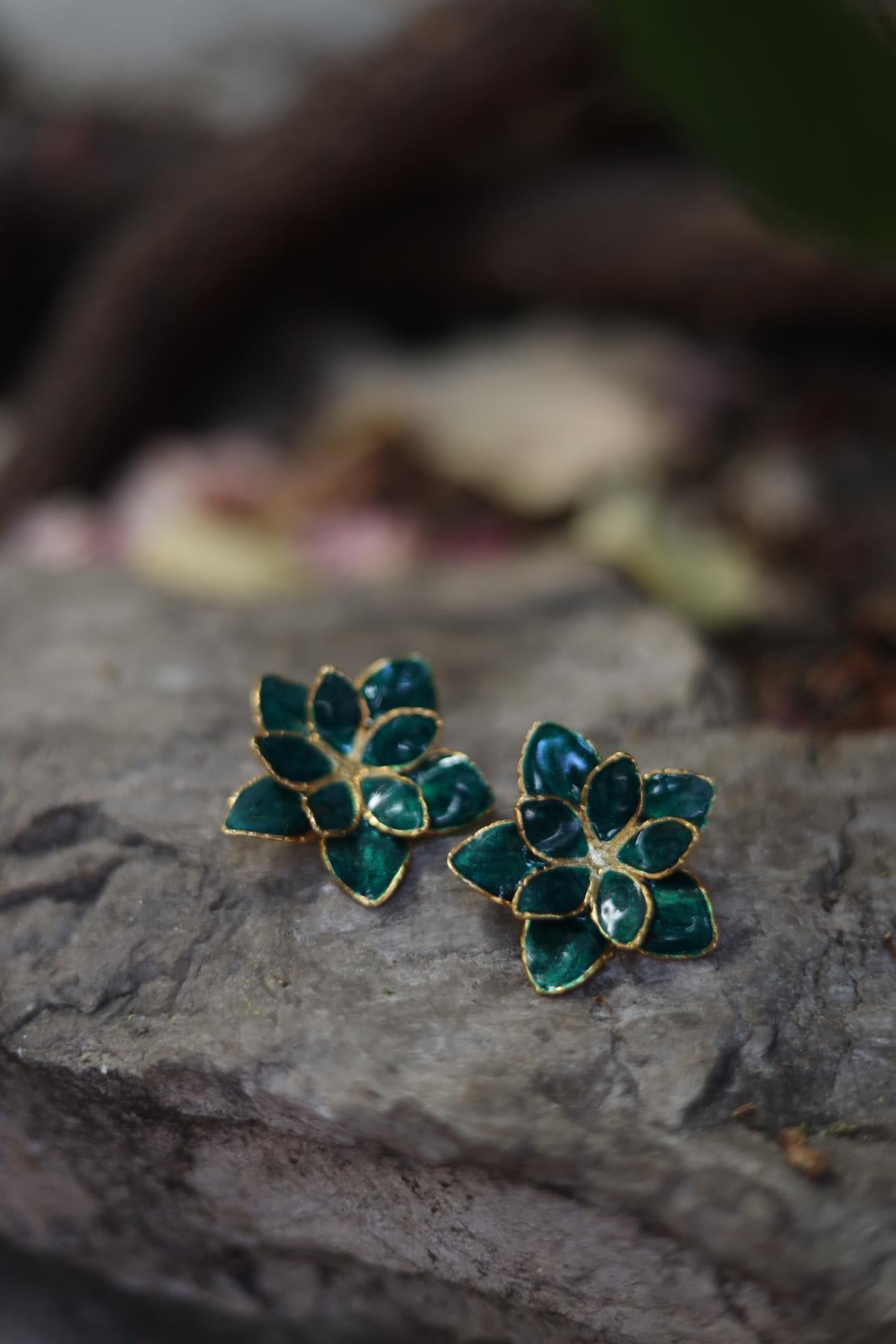 Emerald Green Enameled Flower Earrings