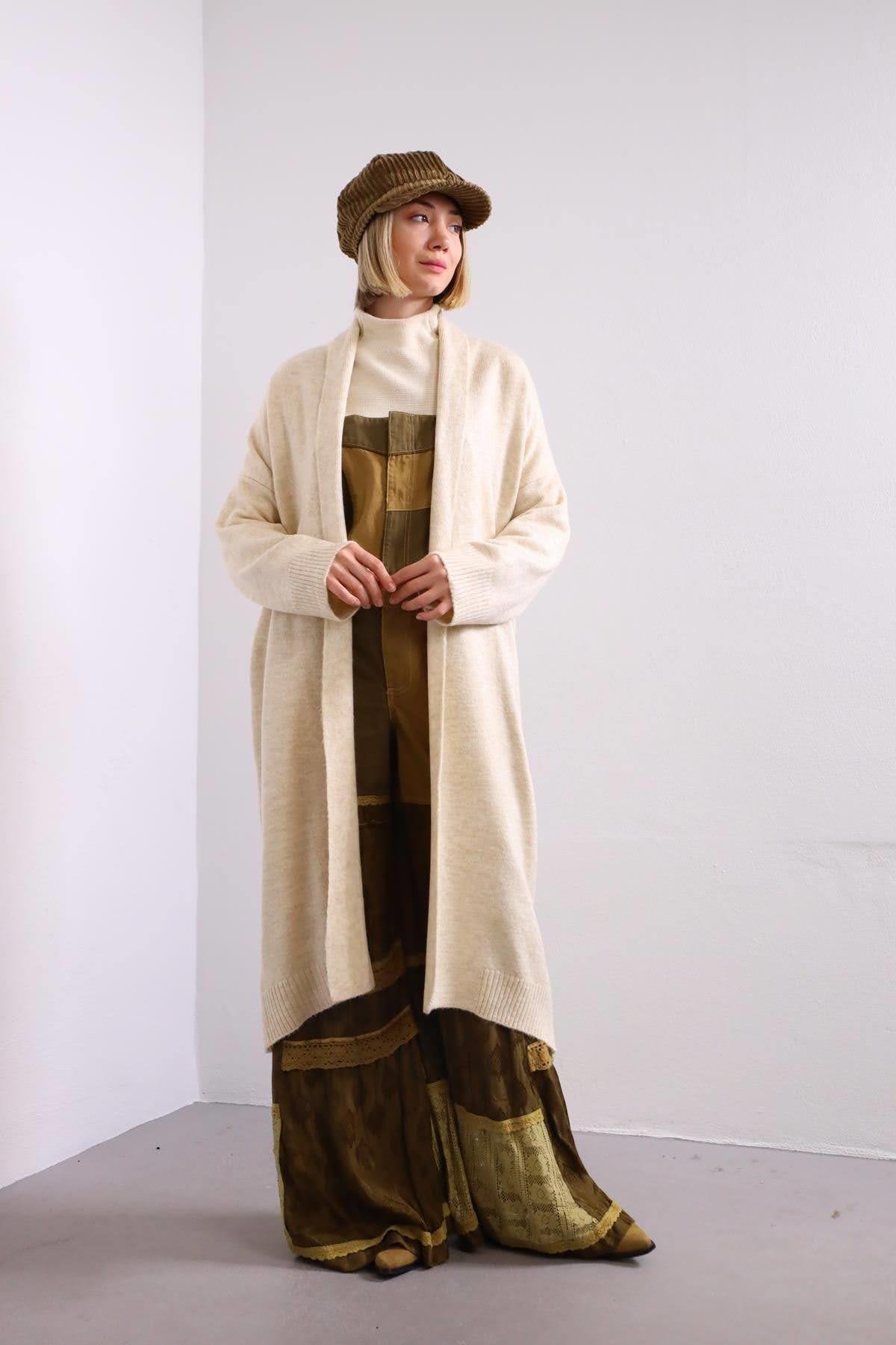  Krem Rengi Şal Yaka Uzun Hırka