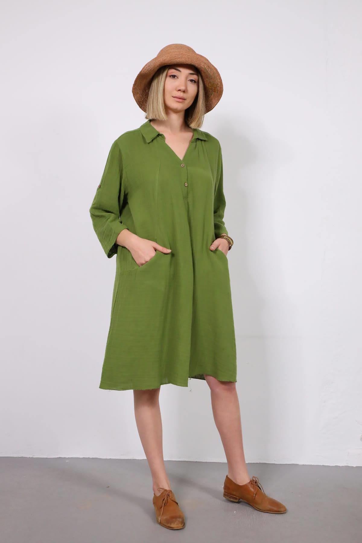 Haki Kolları Apoletli Gömlek Yaka Müslin Elbise - Şaman Butik Haki Kolları Apoletli Gömlek Yaka Müslin Elbise