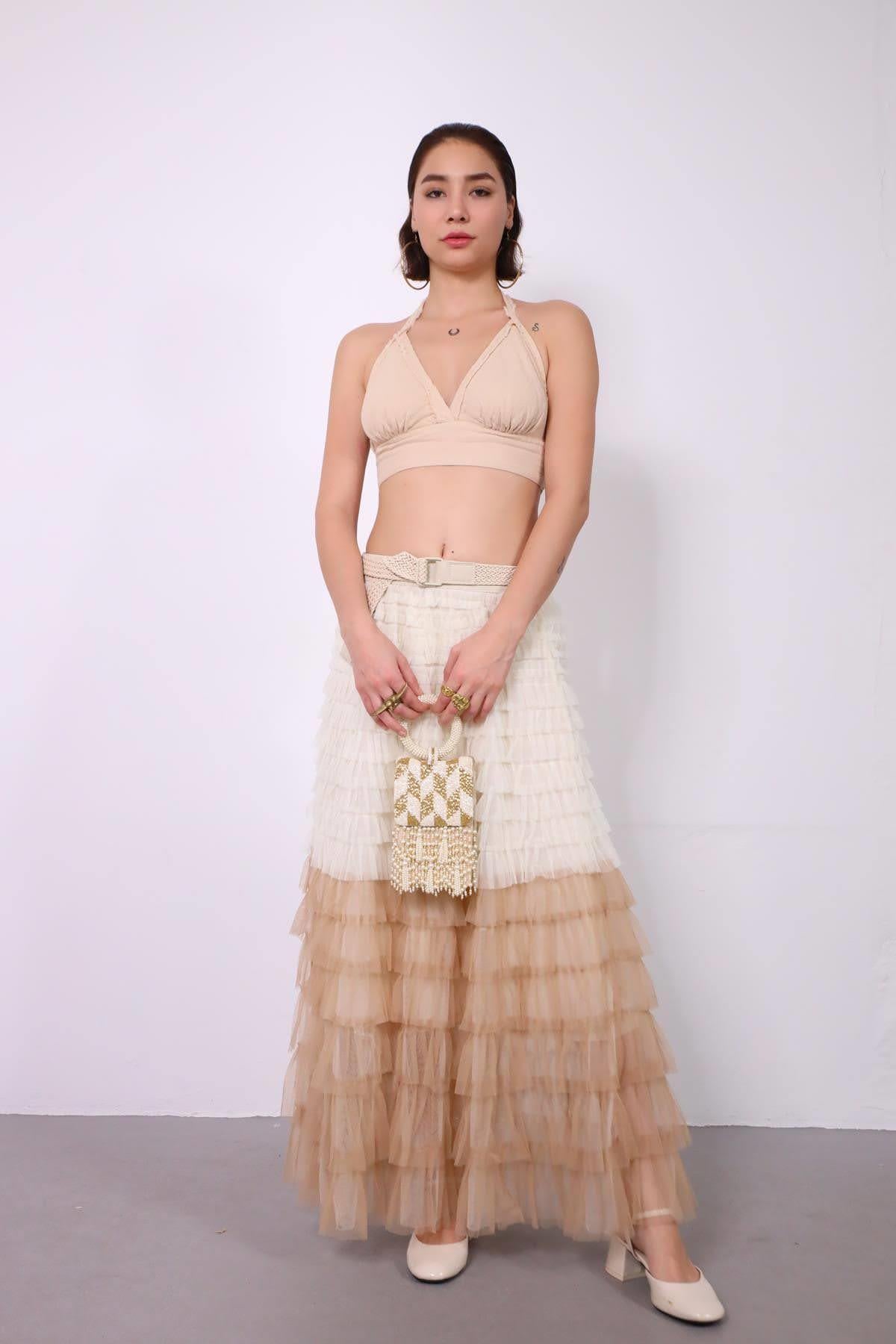 Ekru ve Bej Geçişli Kat Kat Tül Etek - Şaman Butik Ekru ve Bej Geçişli Kat Kat Tül Etek