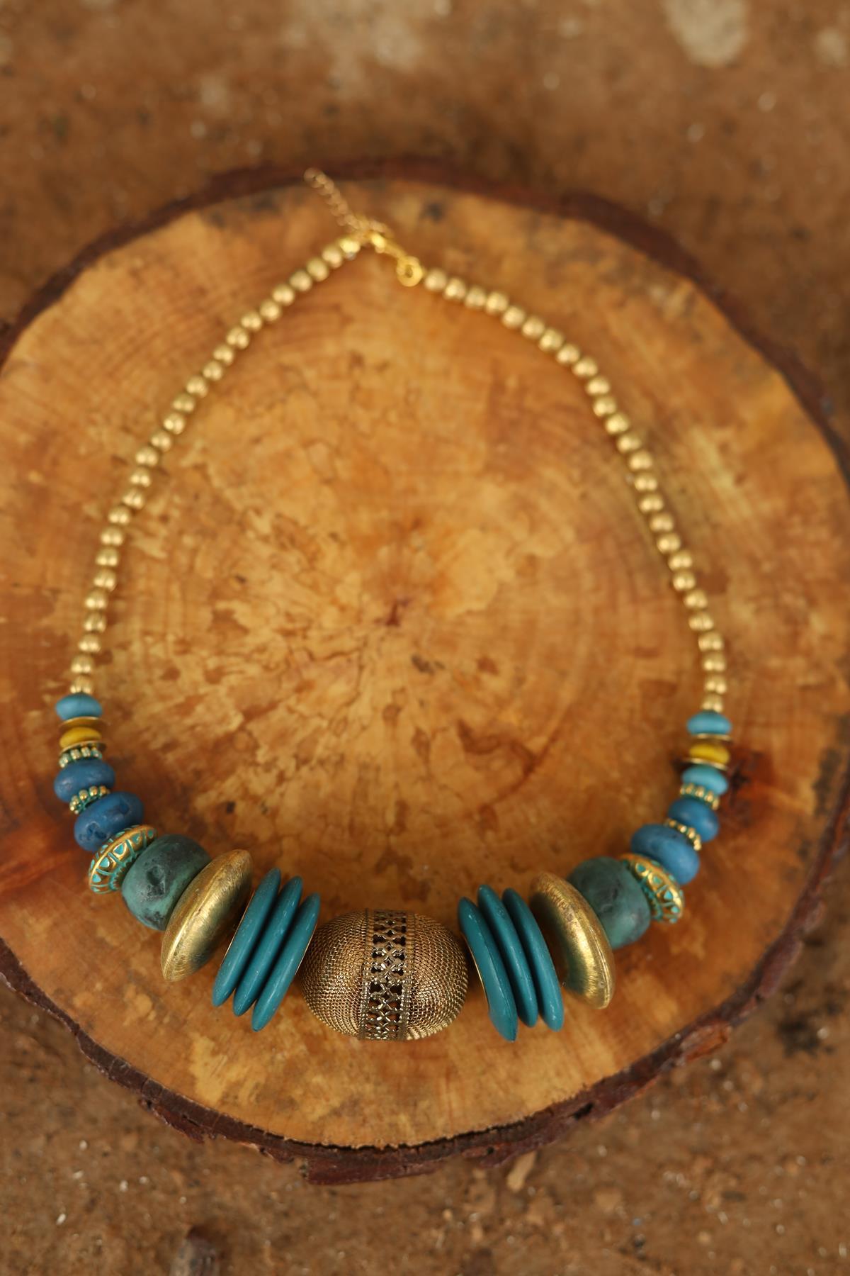 Gold Detaylı Turkuaz Kolye