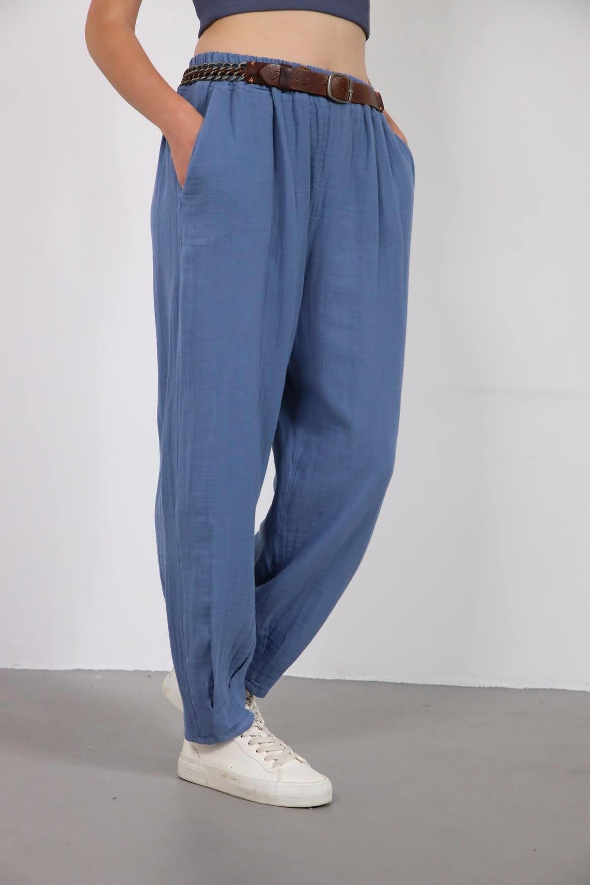 İndigo Mavi Paçası Pileli Müslin Pantolon - Şaman Butik İndigo Mavi Paçası Pileli Müslin Pantolon