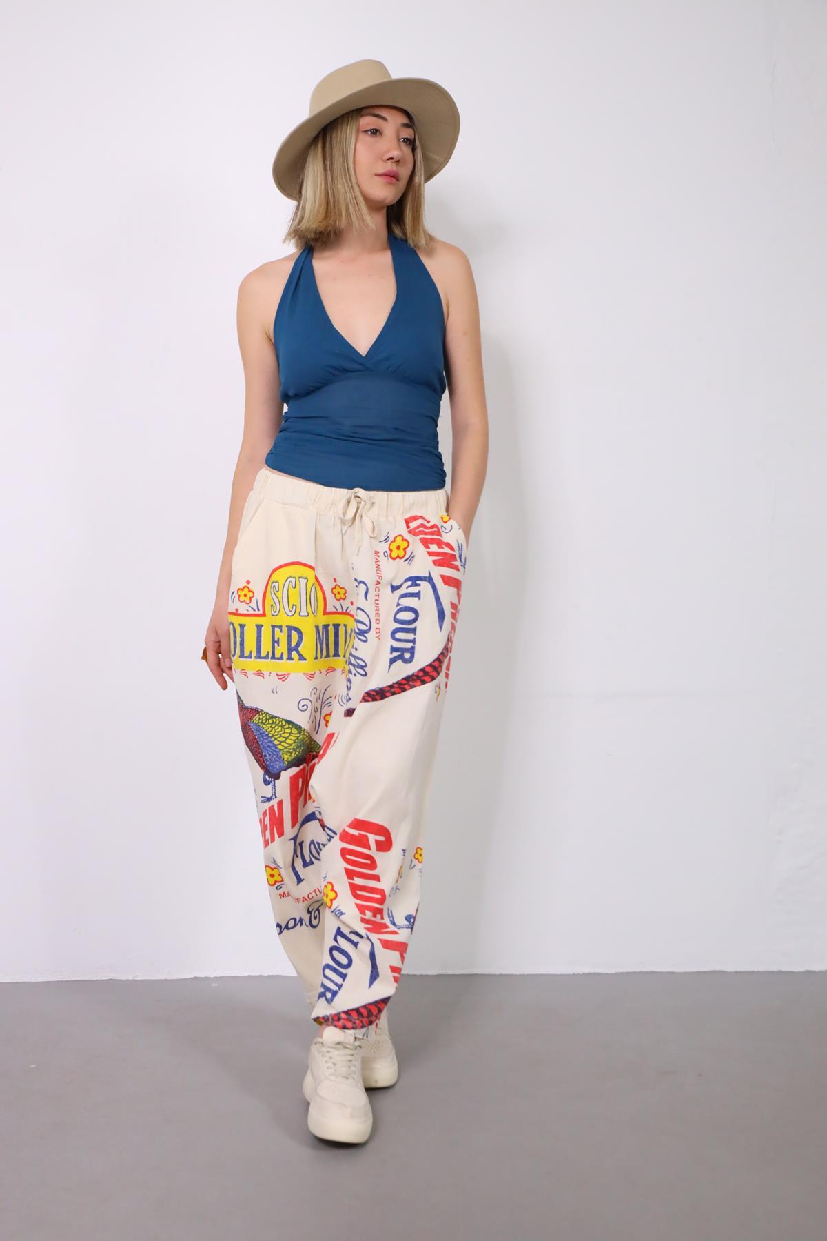  Ekru Renkli Yazılı Beli Lastikli Şalvar