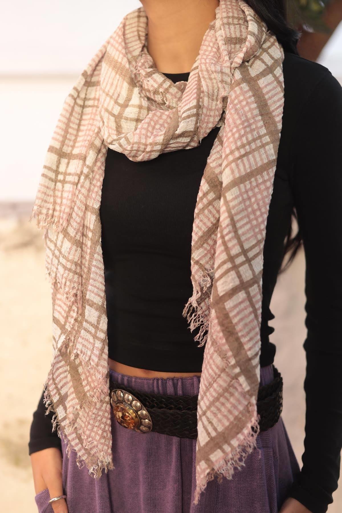 Dusty Rose Brown Plaid Patterned Cotton Shawl