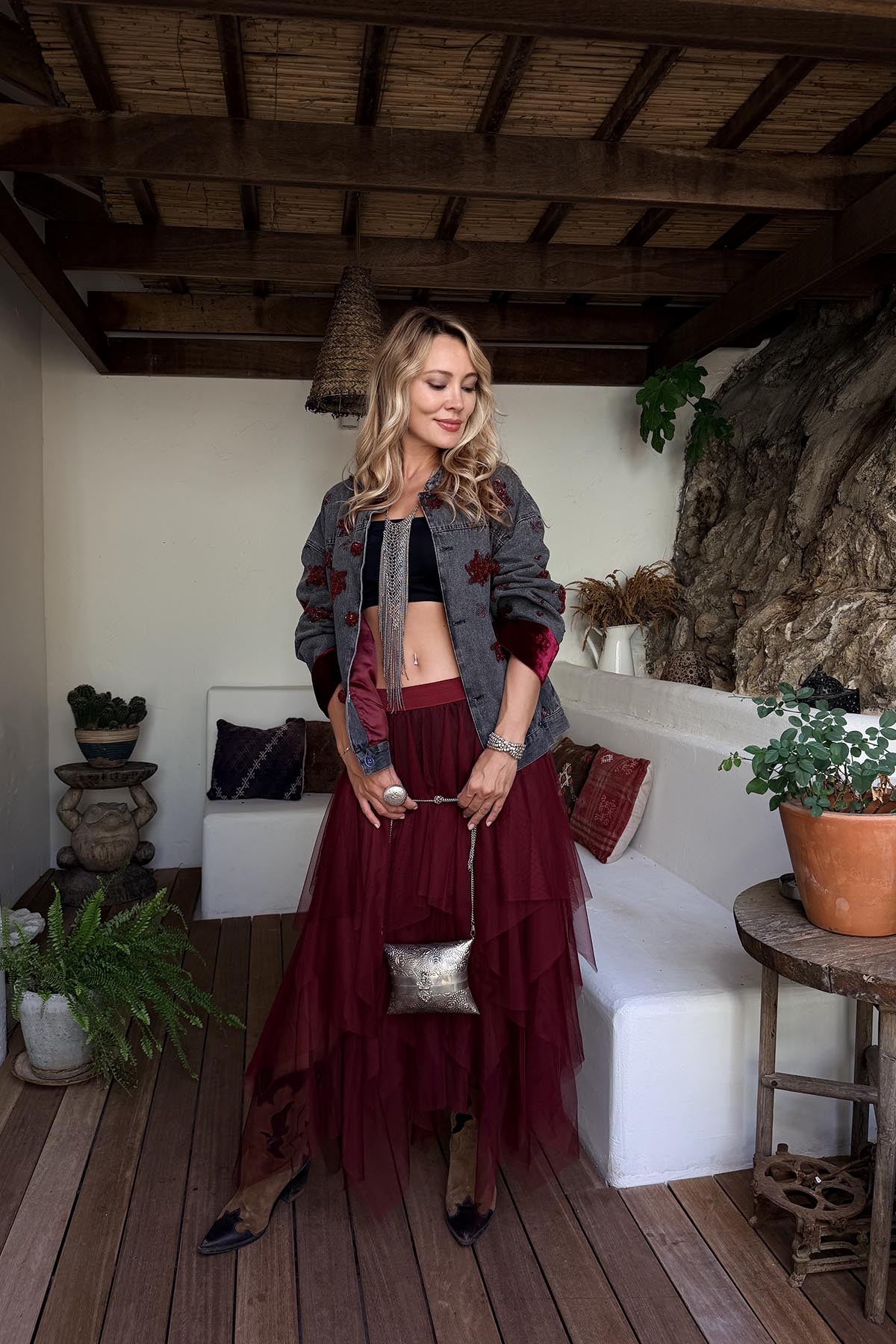 Burgundy Elastic Waist Layered Tulle Skirt