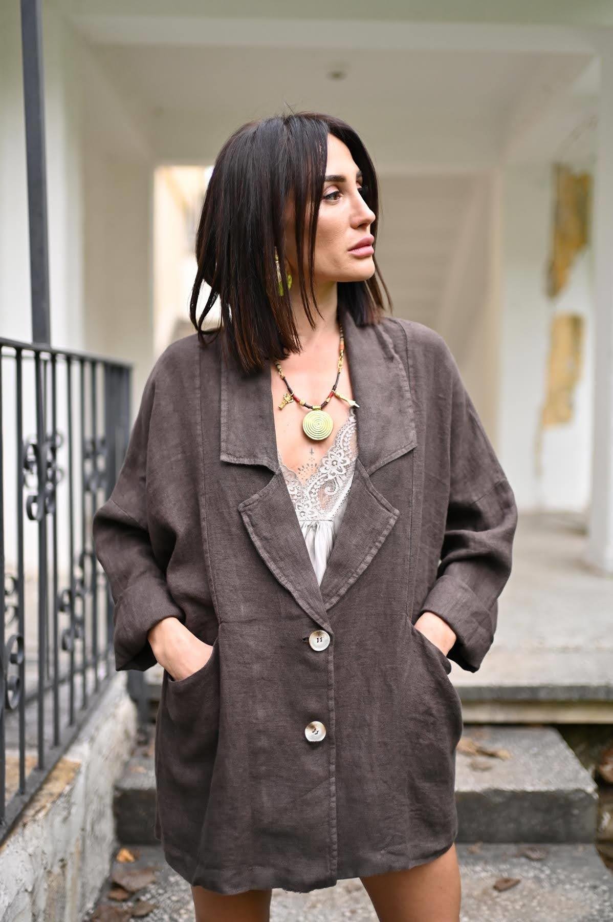 Kahverengi Blazer Yaka Keten Ceket