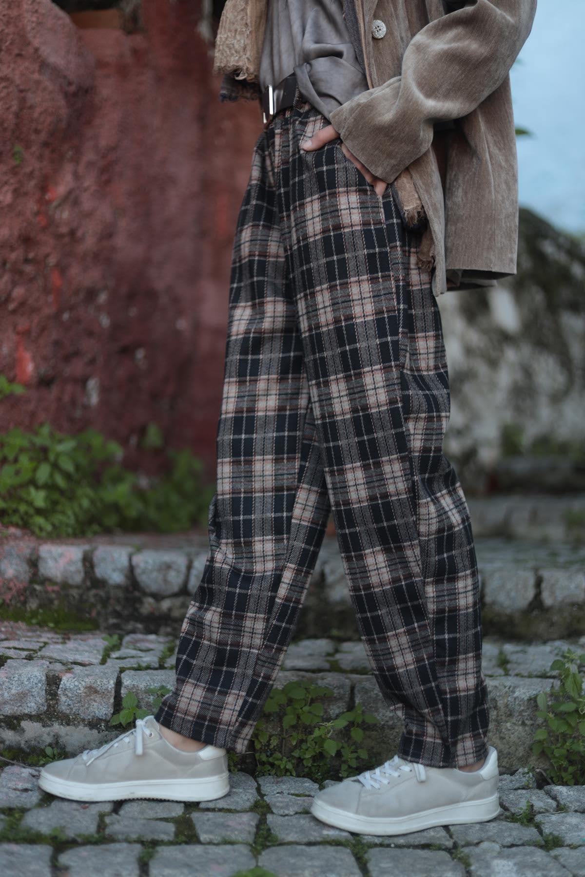 Camel Rengi Ekose Oduncu Pantolon