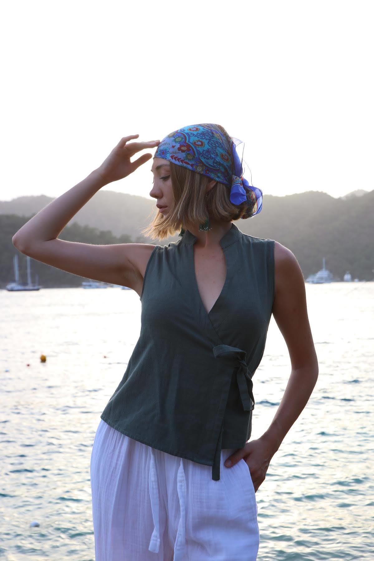 Haki Bağlamalı Kruvaze Yelek - Şaman Butik Haki Bağlamalı Kruvaze Yelek