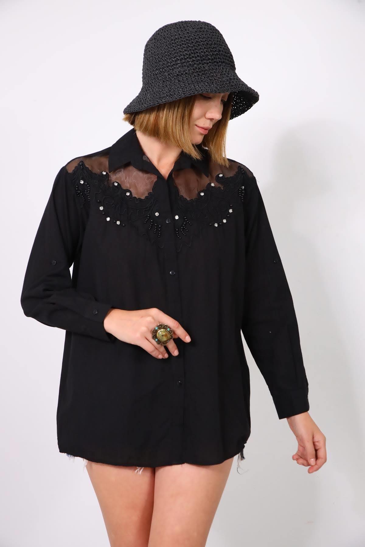 Siyah Taşlı Yakalı Gömlek - Şaman Butik Siyah Taşlı Yakalı Gömlek