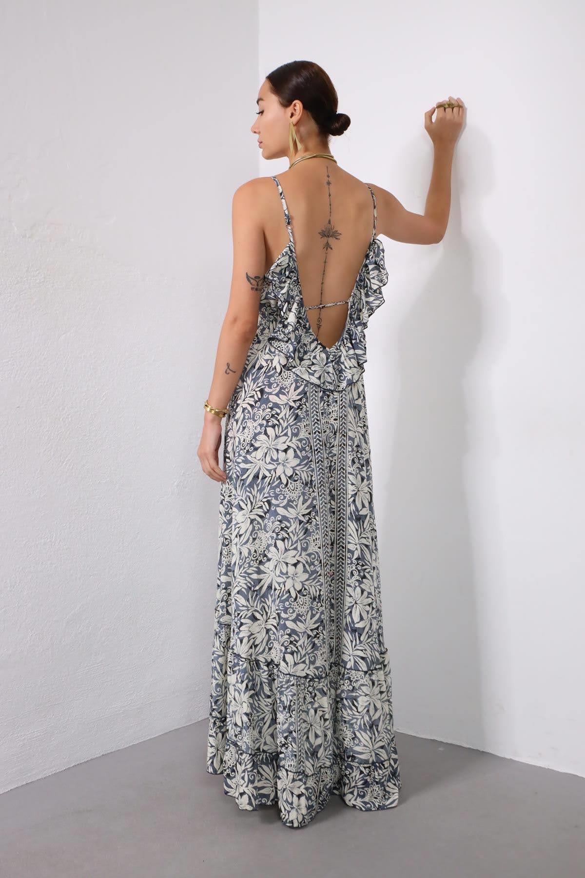 Gri Arkası Fırfırlı Askılı İpek Elbise - Şaman Butik Gri Arkası Fırfırlı Askılı İpek Elbise