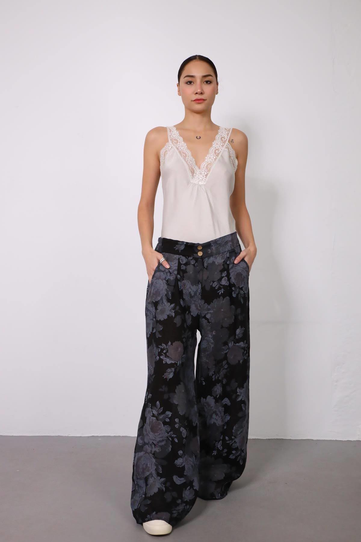  Siyah Çiçek Desenli Beli Lastikli Keten Pantolon
