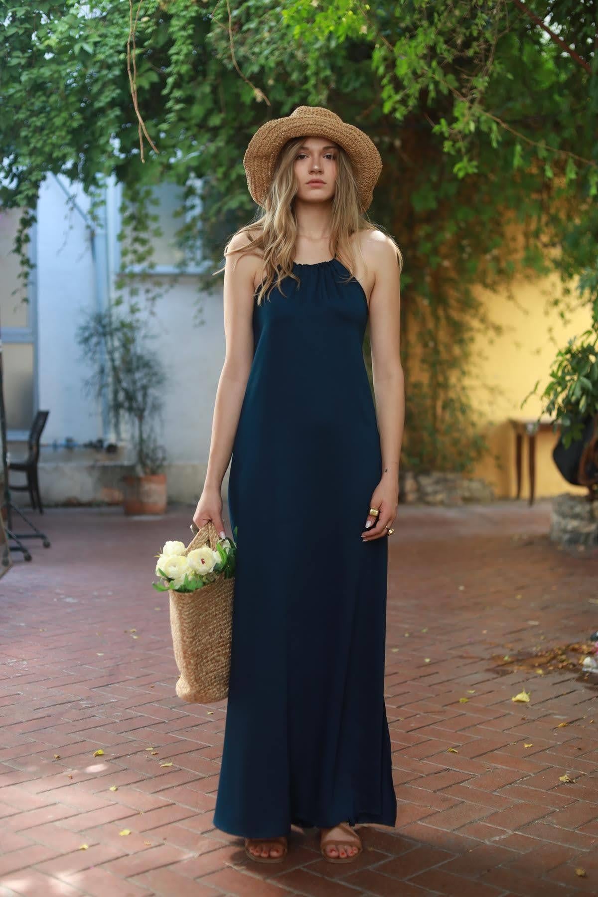 Blue Halter Neck Slit Dress