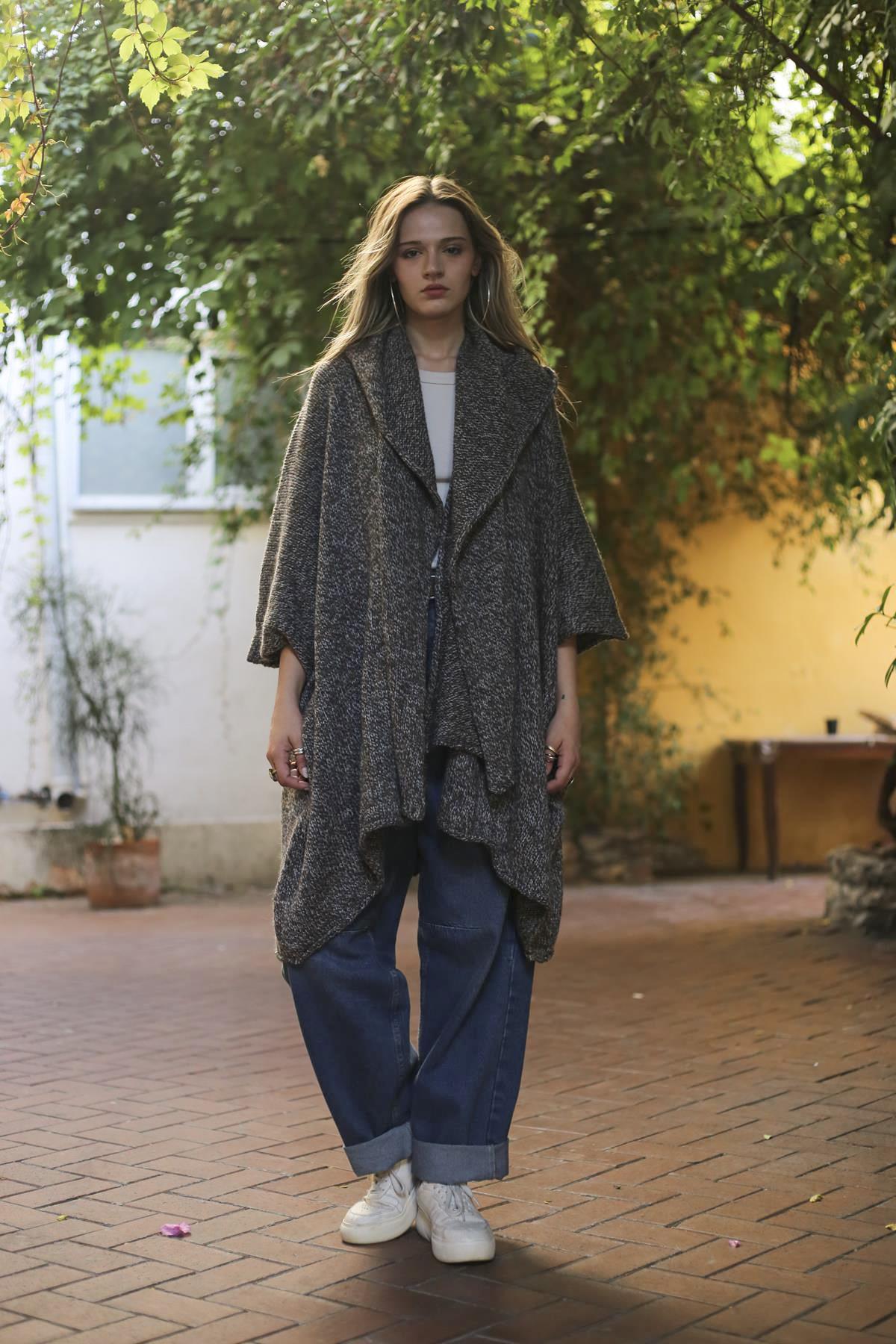 Gray Melted Hooded Shawl Collar Knitwear Cardigan