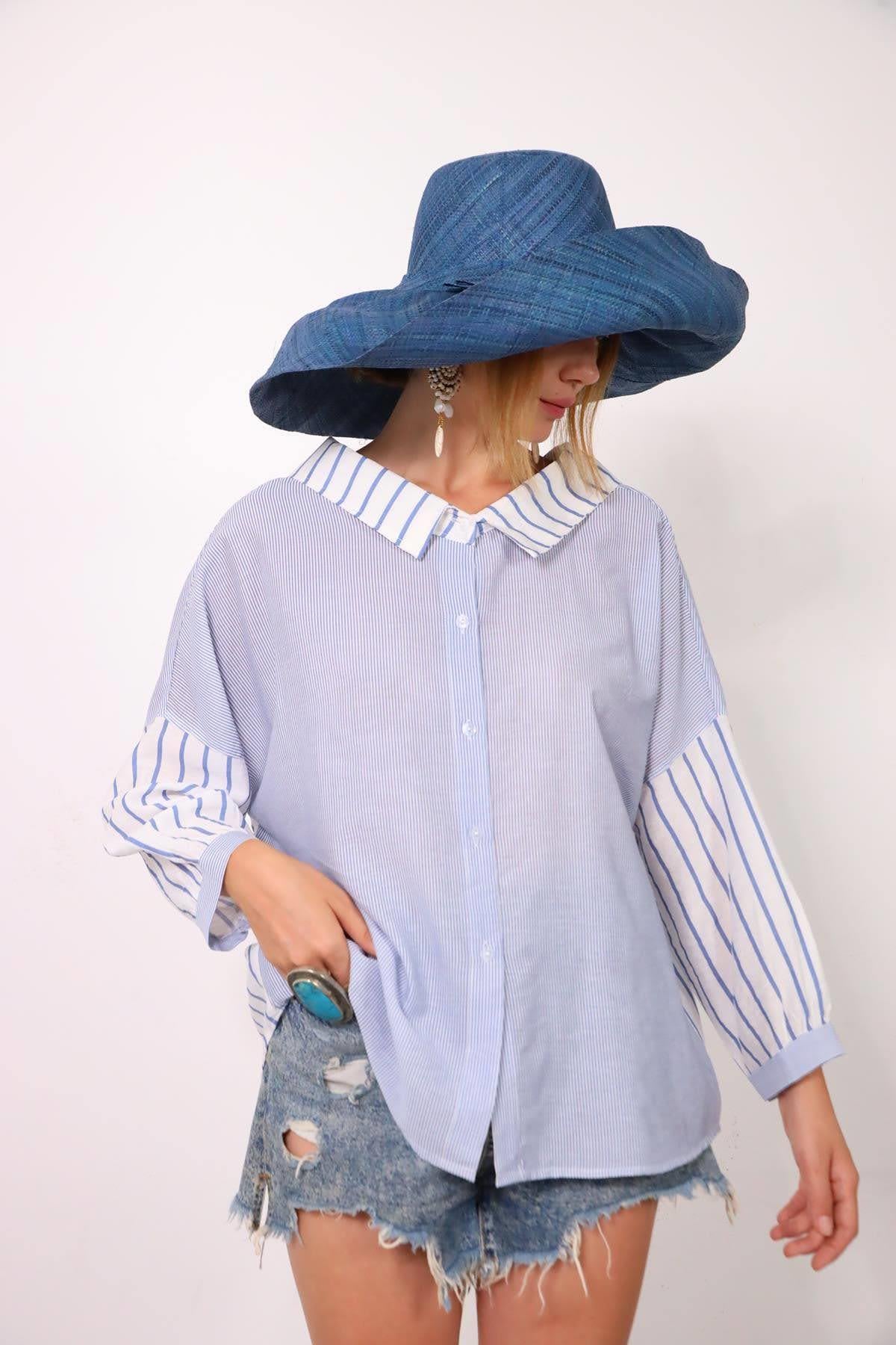  Mavi Arkası Bağlamalı Çizgili Otantik Gömlek