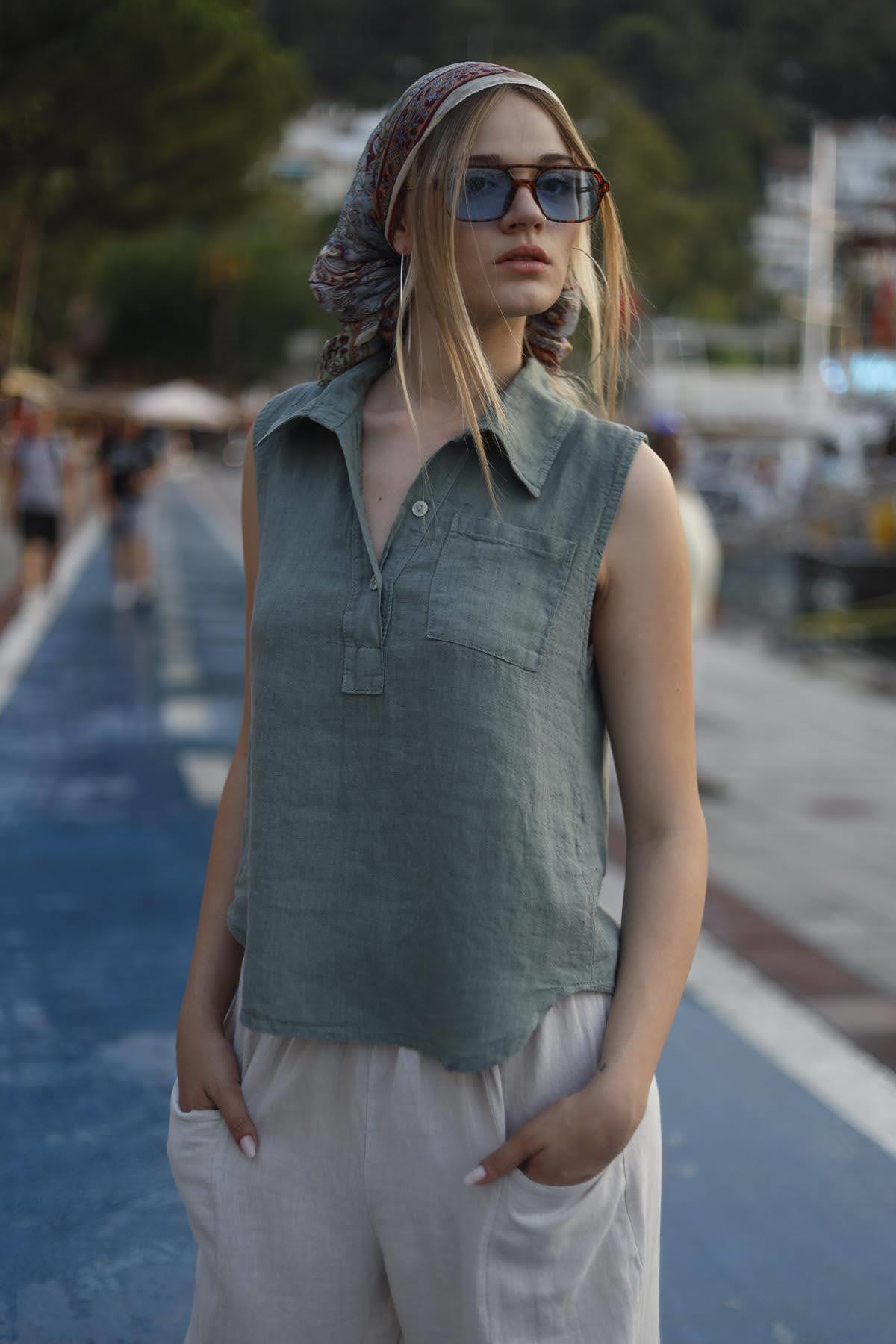 Haki Gömlek Yaka Kolsuz Keten Bluz