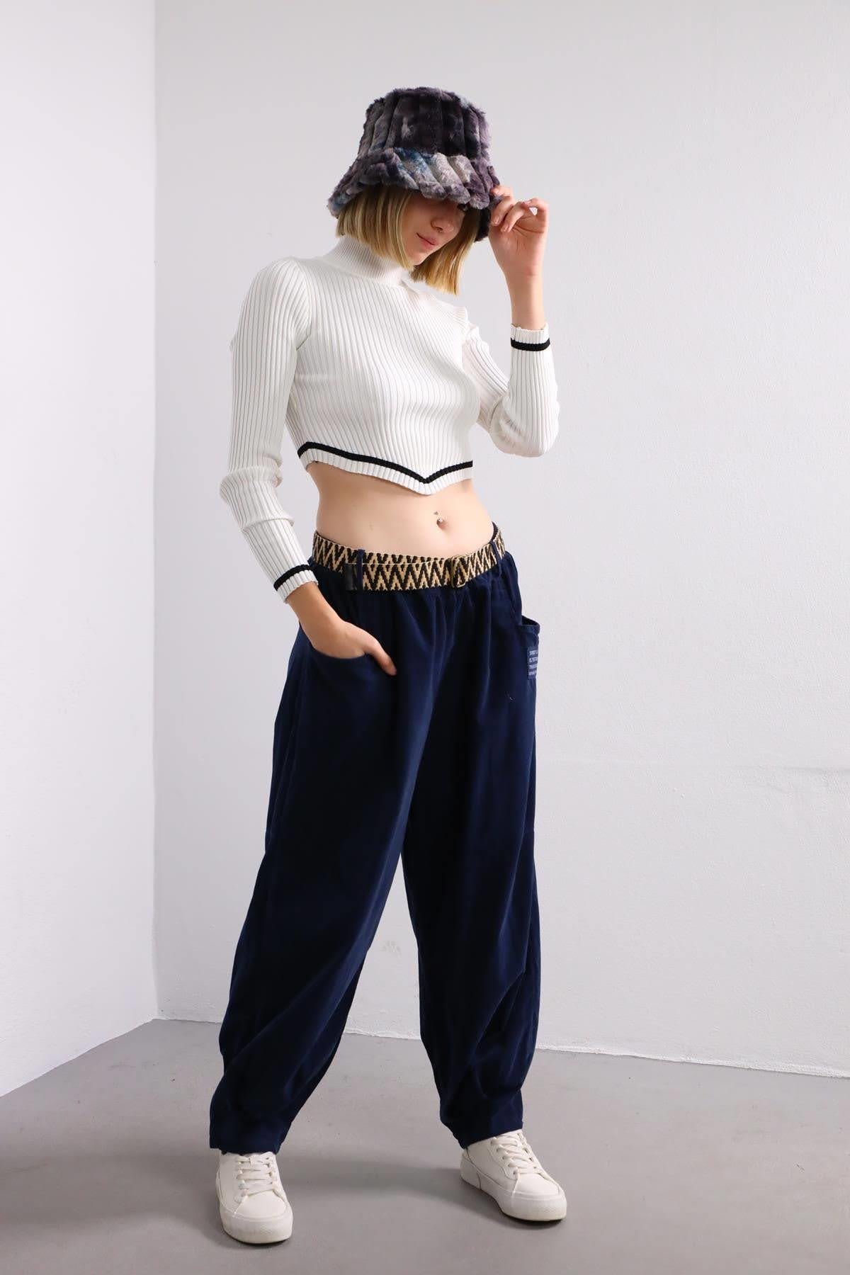 Lacivert Kemerli Kadife Pantolon - Şaman Butik Lacivert Kemerli Kadife Pantolon