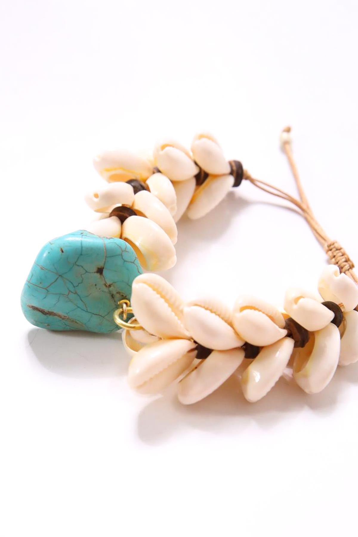 Deniz Kabuklu Turkuaz Taşlı Bileklik - Şaman Butik Deniz Kabuklu Turkuaz Taşlı Bileklik