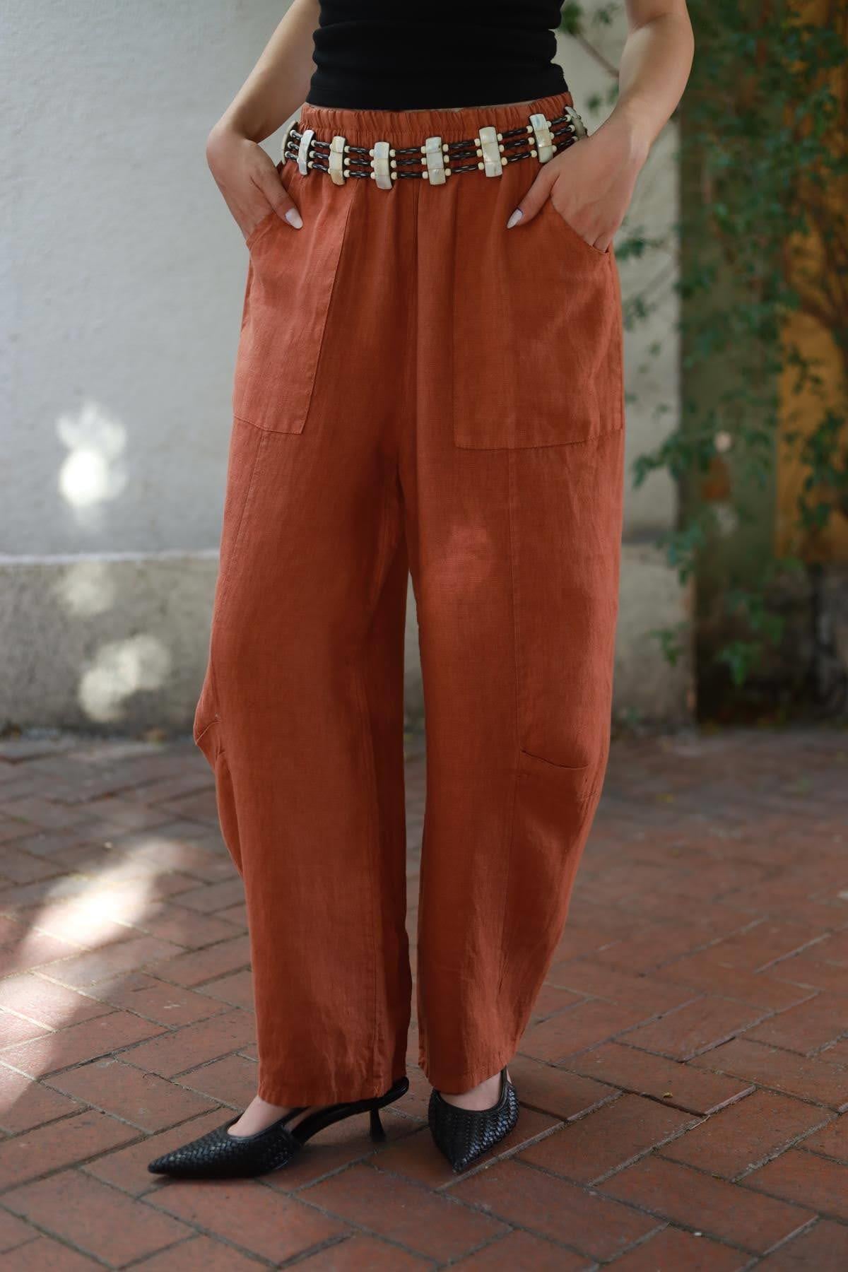 Kiremit Rengi Dikiş Detaylı Keten Pantolon