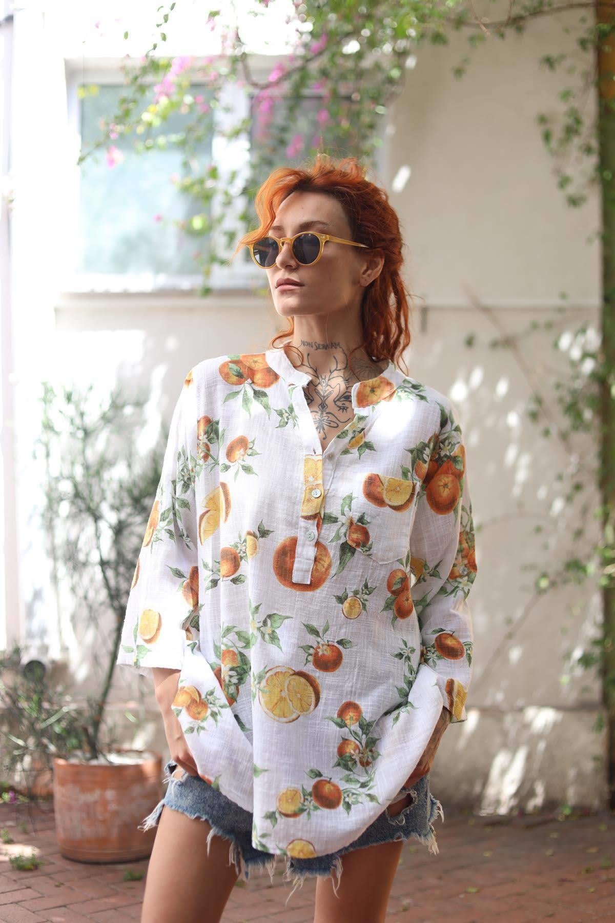 White Orange Patterned Three Button Shirt