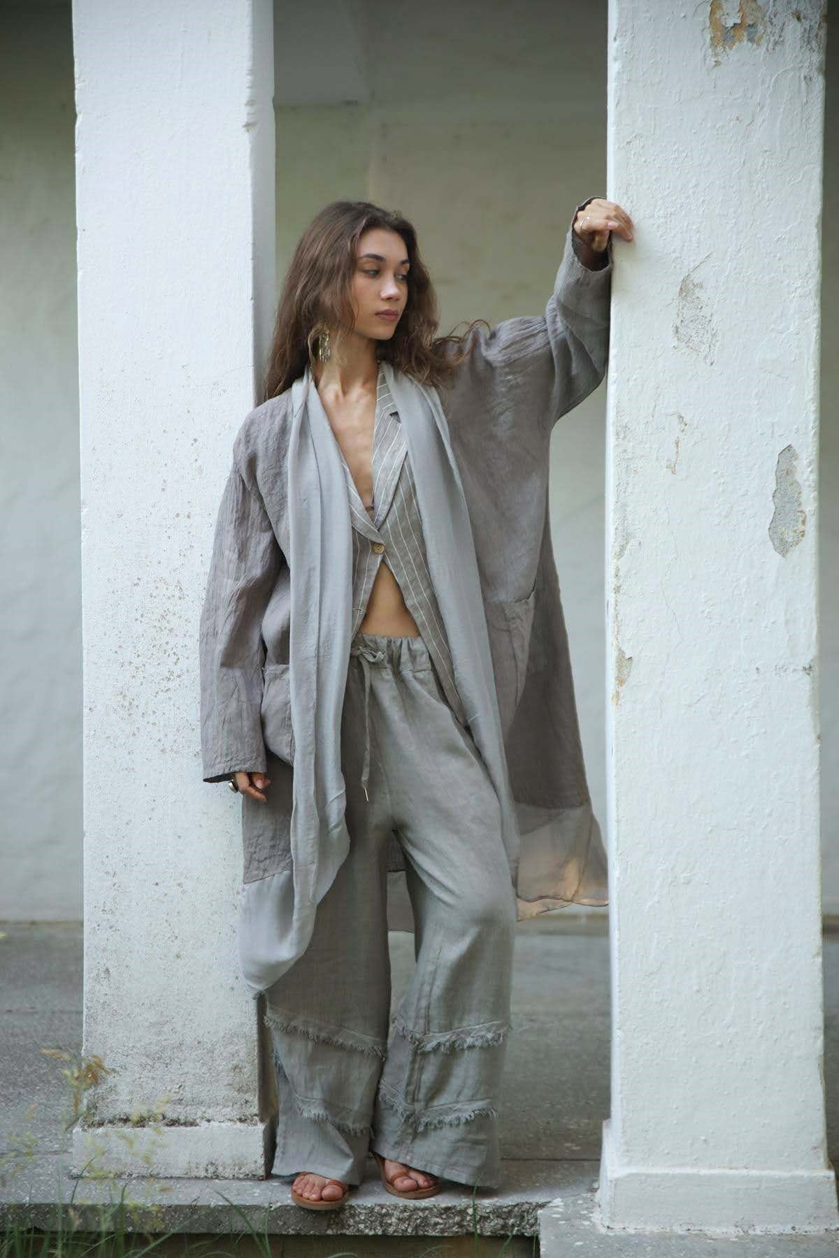 Vizon Rengi İpek Detaylı Cepli Keten Kaftan