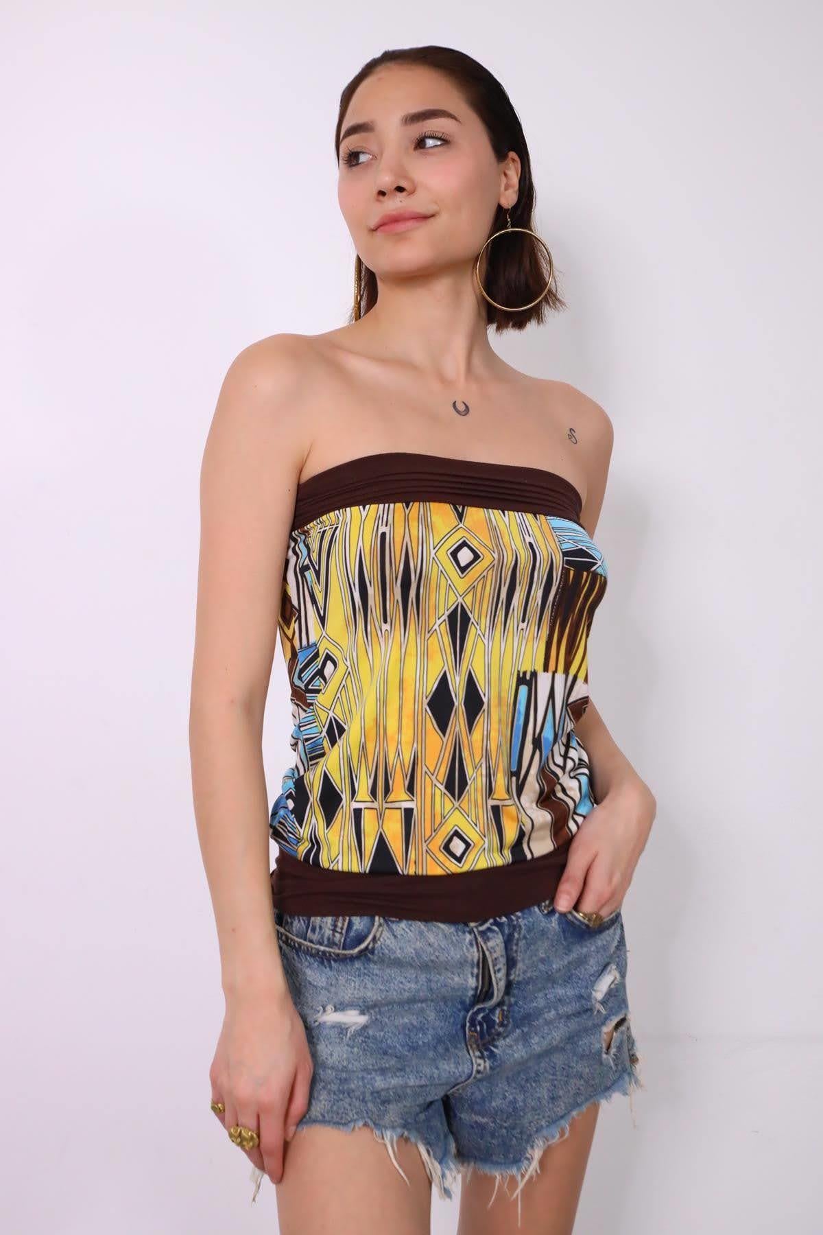  Kahverengi Desenli Straplez Bluz