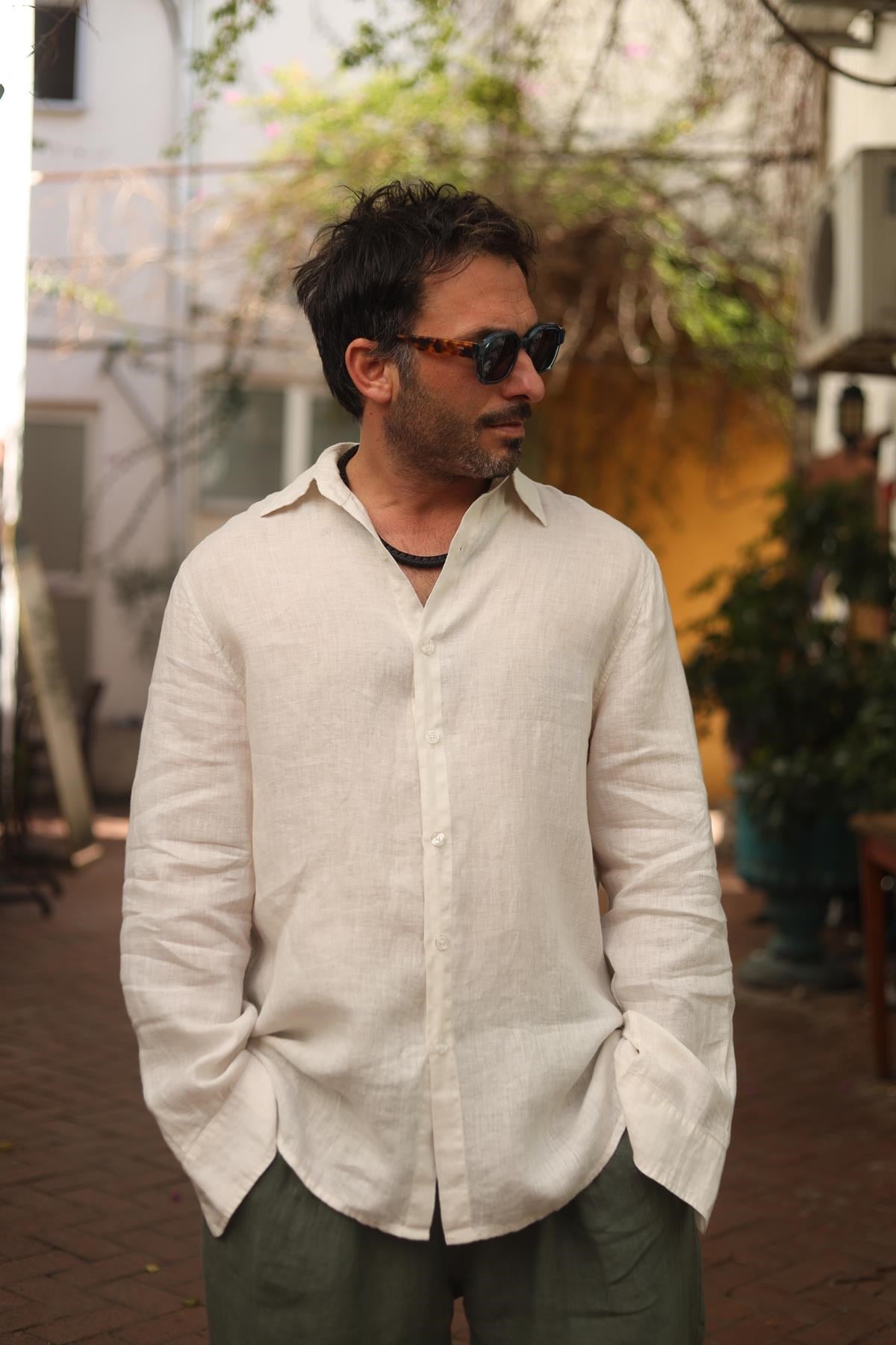 Krem Rengi Keten Klasik Erkek Gömlek