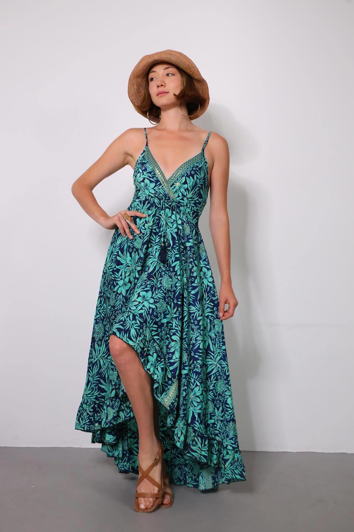 Lacivert Desenli Önü Kısa Gipeli İpek Elbise - Şaman Butik Lacivert Desenli Önü Kısa Gipeli İpek Elbise