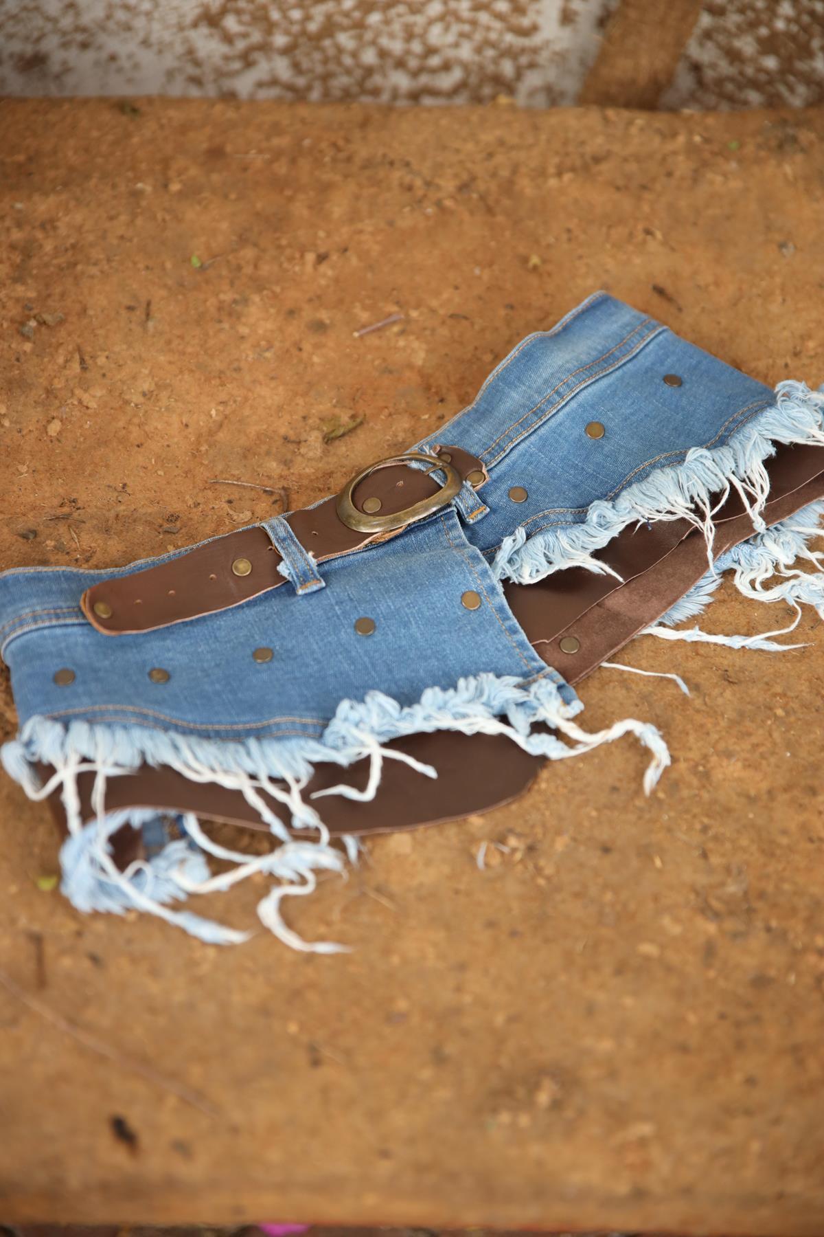 Brown Denim Detailed Leather Belt