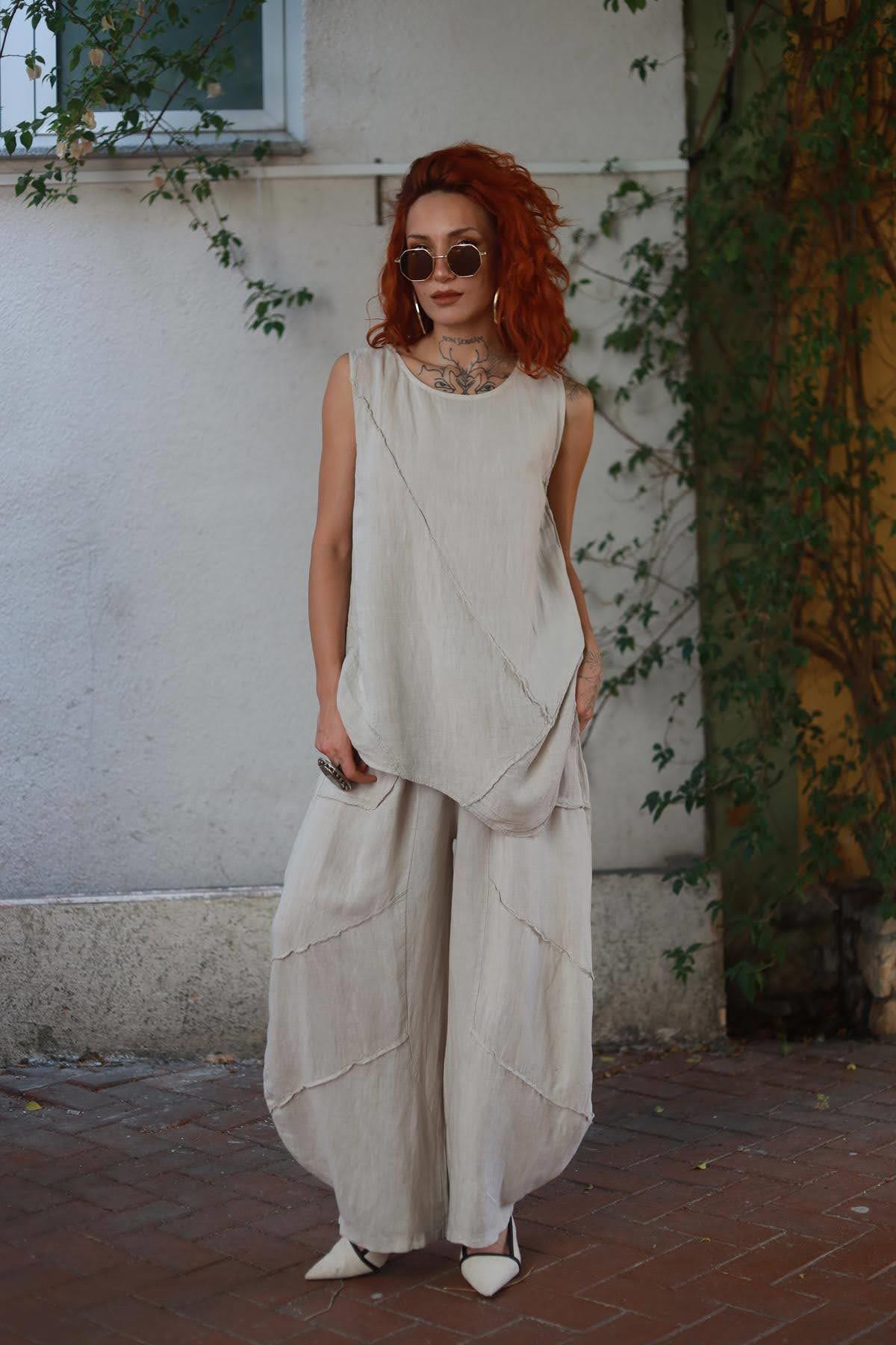 Cream Asymmetrical Stitch Detailed Linen Blouse and Trouser Set