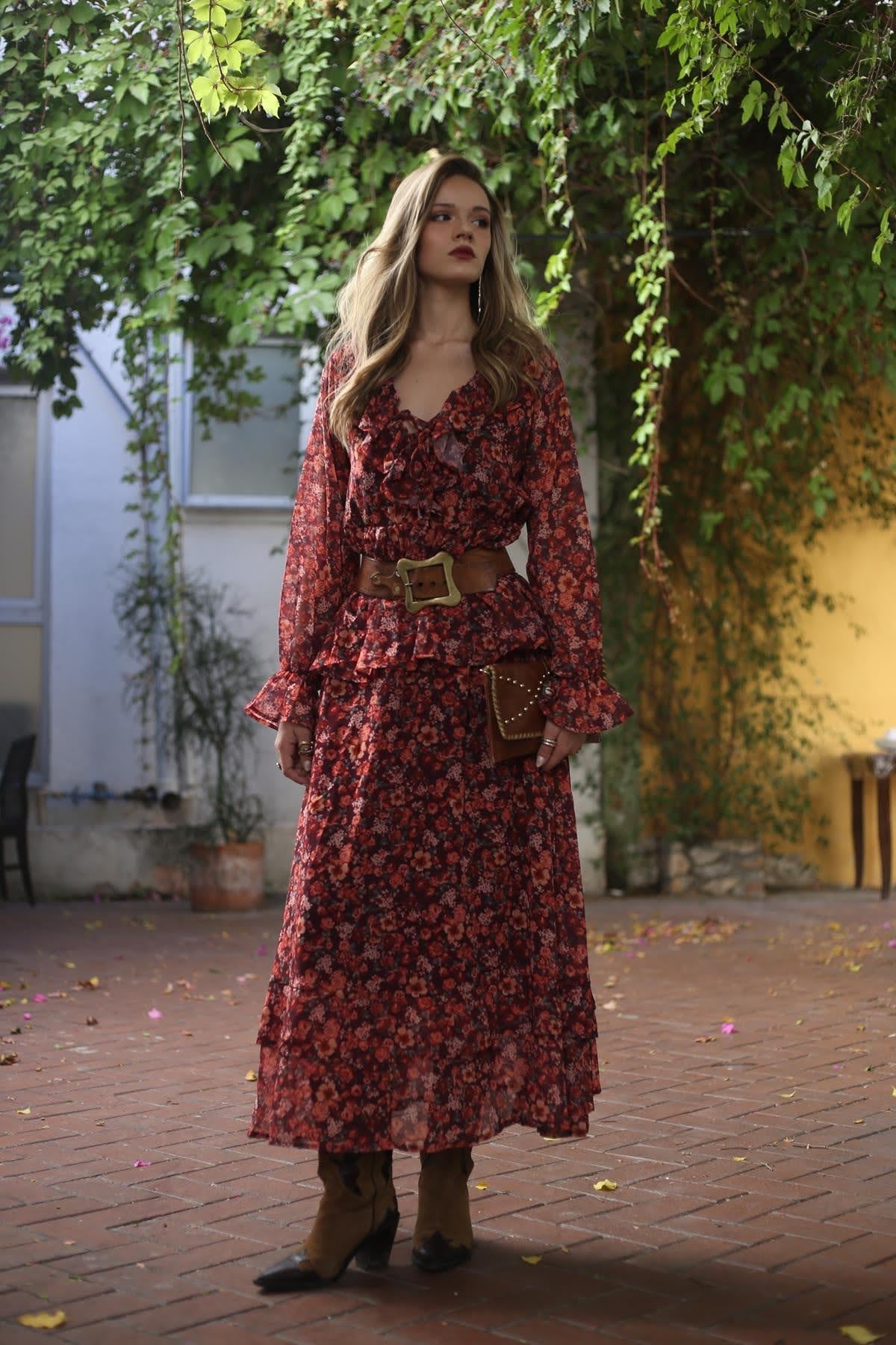 Turuncu Çiçek Desenli Volanlı Şifon Elbise