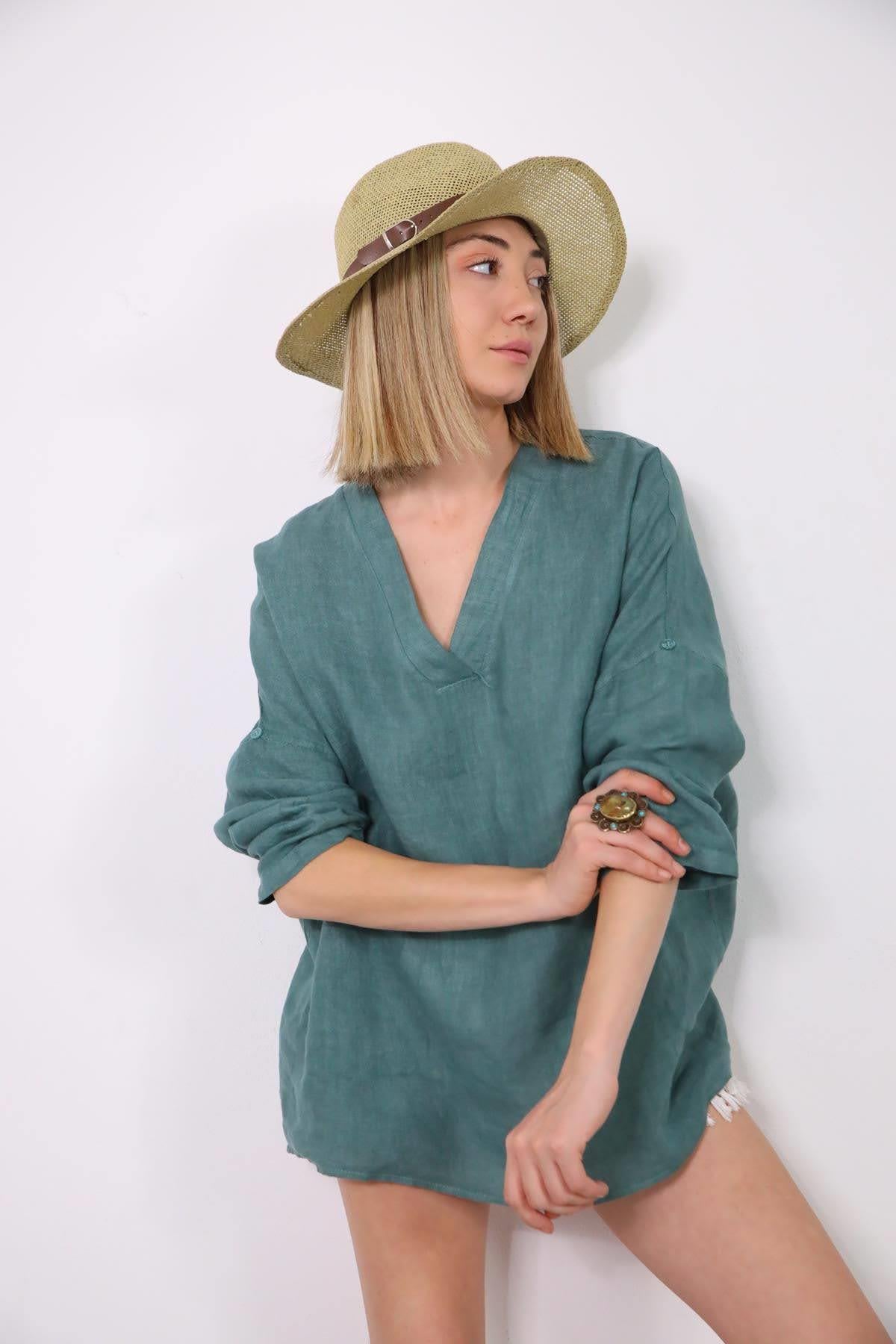 Petrol Yeşili Sırtı Bağlamalı Apoletli Keten Bluz - Şaman Butik Petrol Yeşili Sırtı Bağlamalı Apoletli Keten Bluz